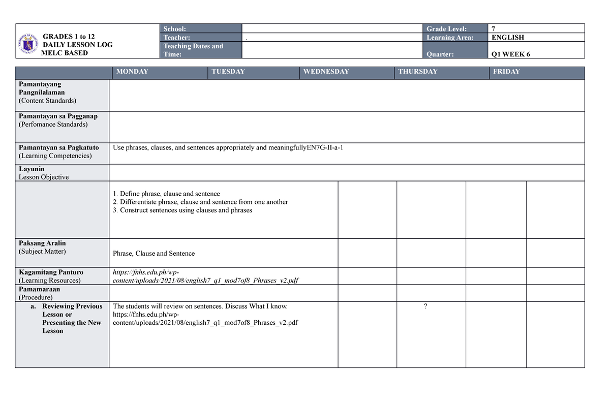 MELC DLL ENG 7 WEEK 6 Q1 DONE - GRADES 1 to 12 DAILY LESSON LOG MELC ...