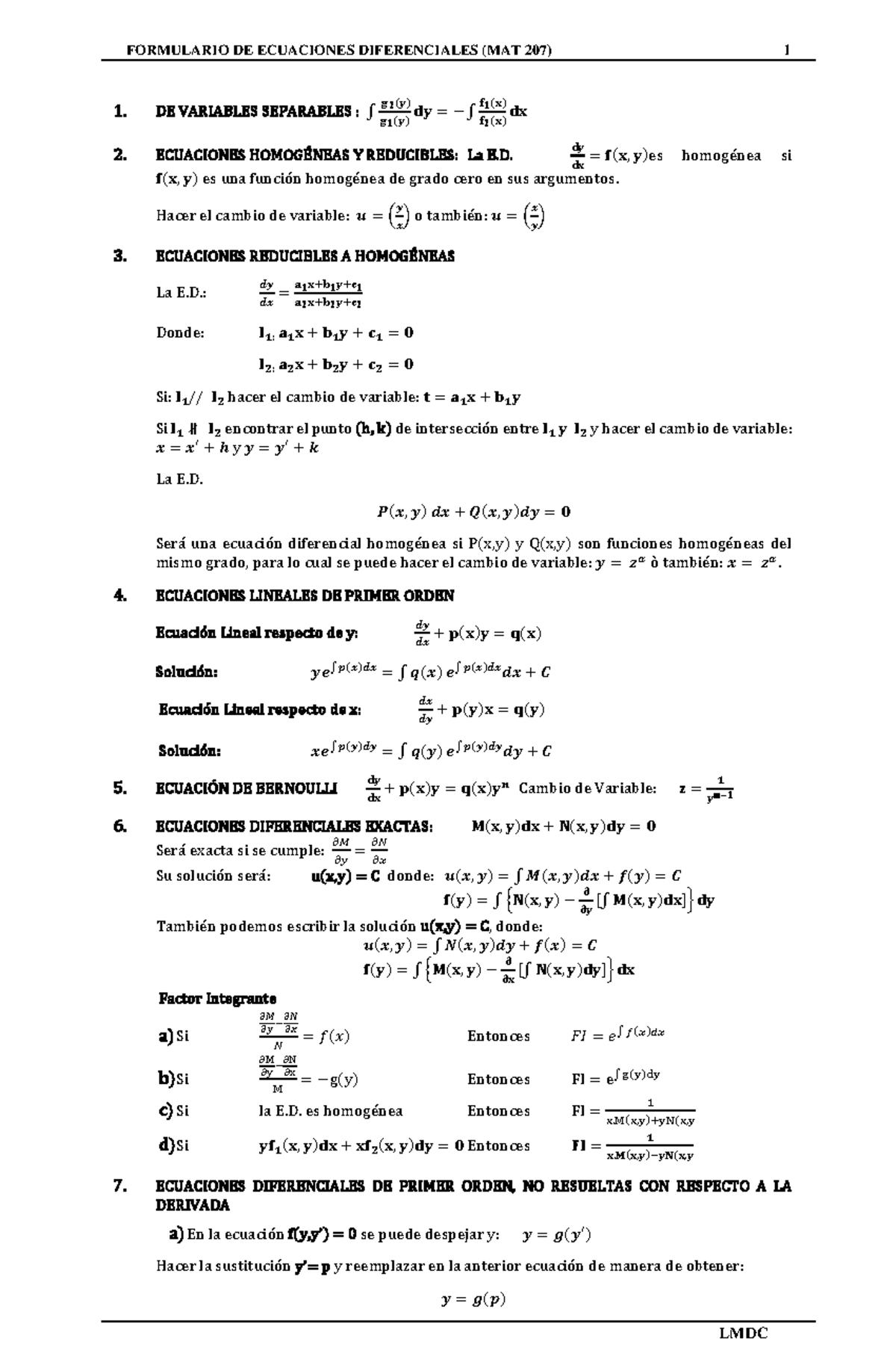 Formulario de ecuaciones diferenciales - 1. DE VARIABLES SEPARABLES : ∫ ...