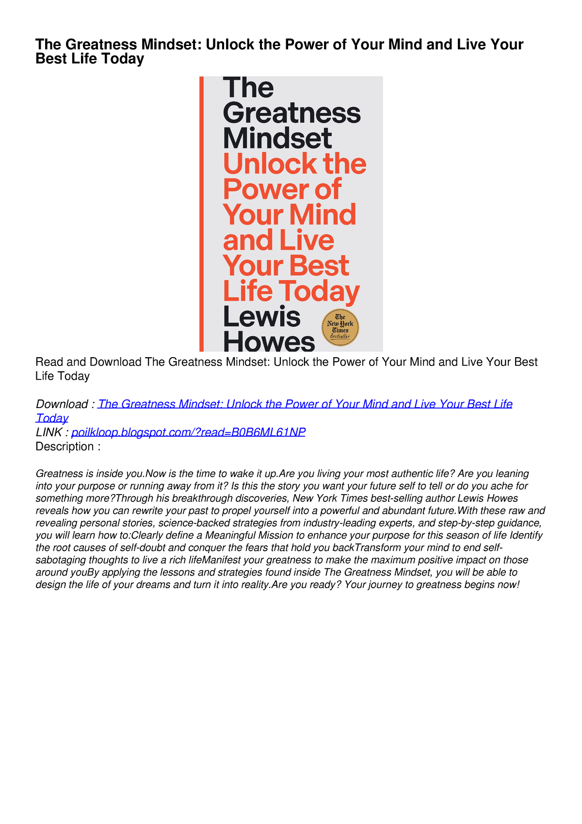 [pdf] Download Free The Greatness Mindset: Unlock The Power Of Your 