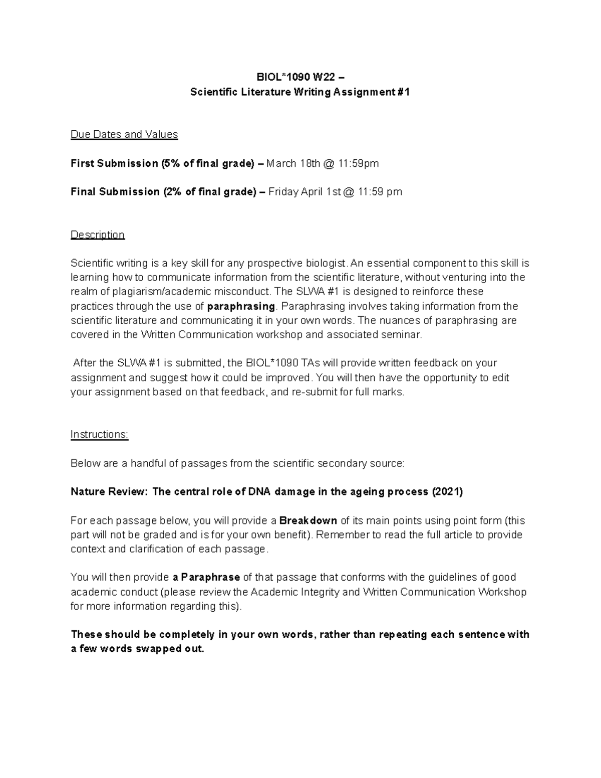 Scienctic Literature Assignment 1 - BIOL*1090 W22 – Scientific ...