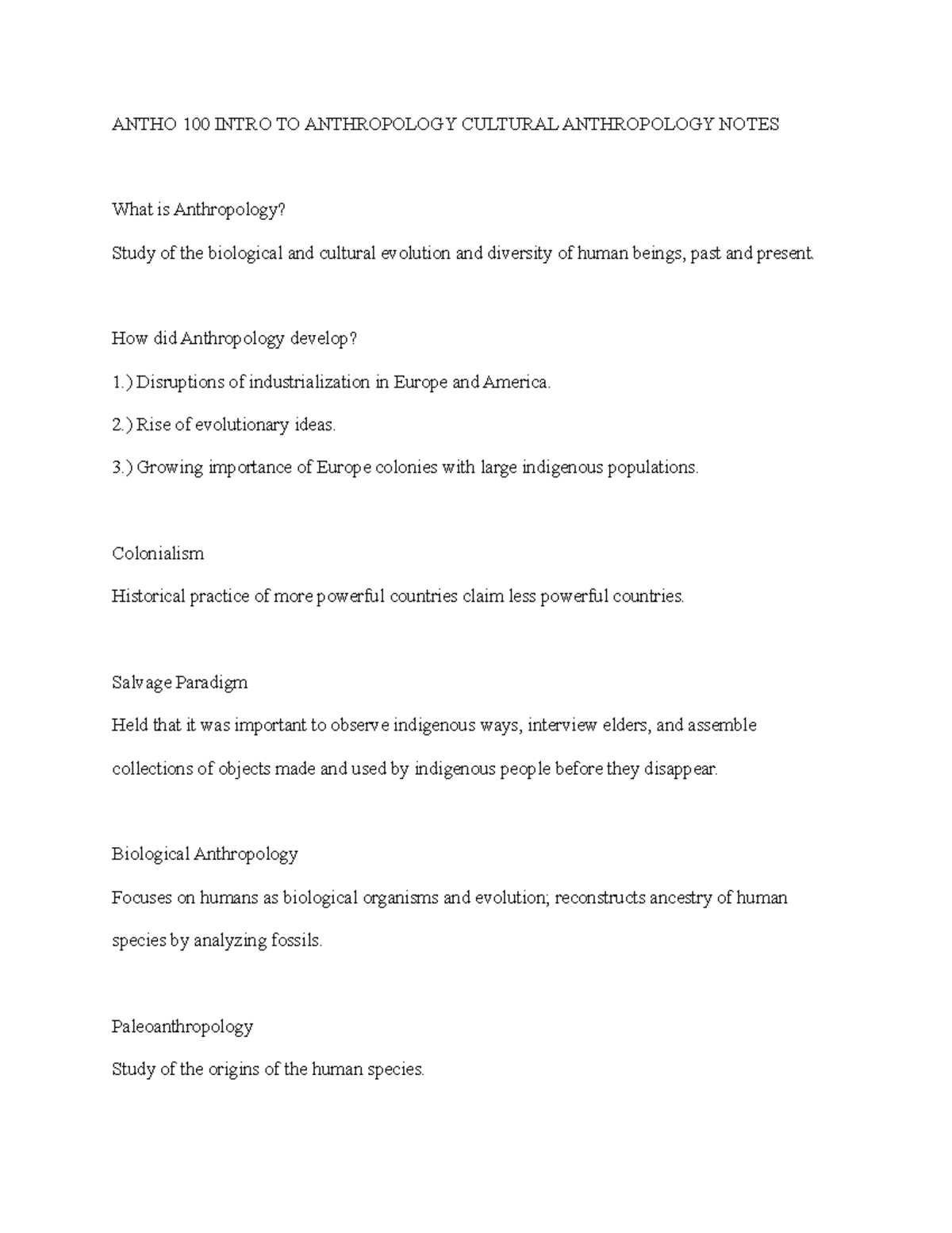 Antho 100 Intro TO Anthropology Cultural Anthropology Notes - ANTHO 100 ...