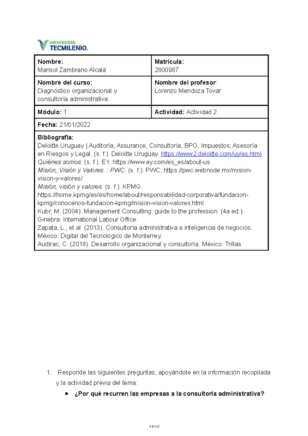 Act 2- Diagnostico Organizacional - Nombre: Marisol Zambrano Alcalá ...