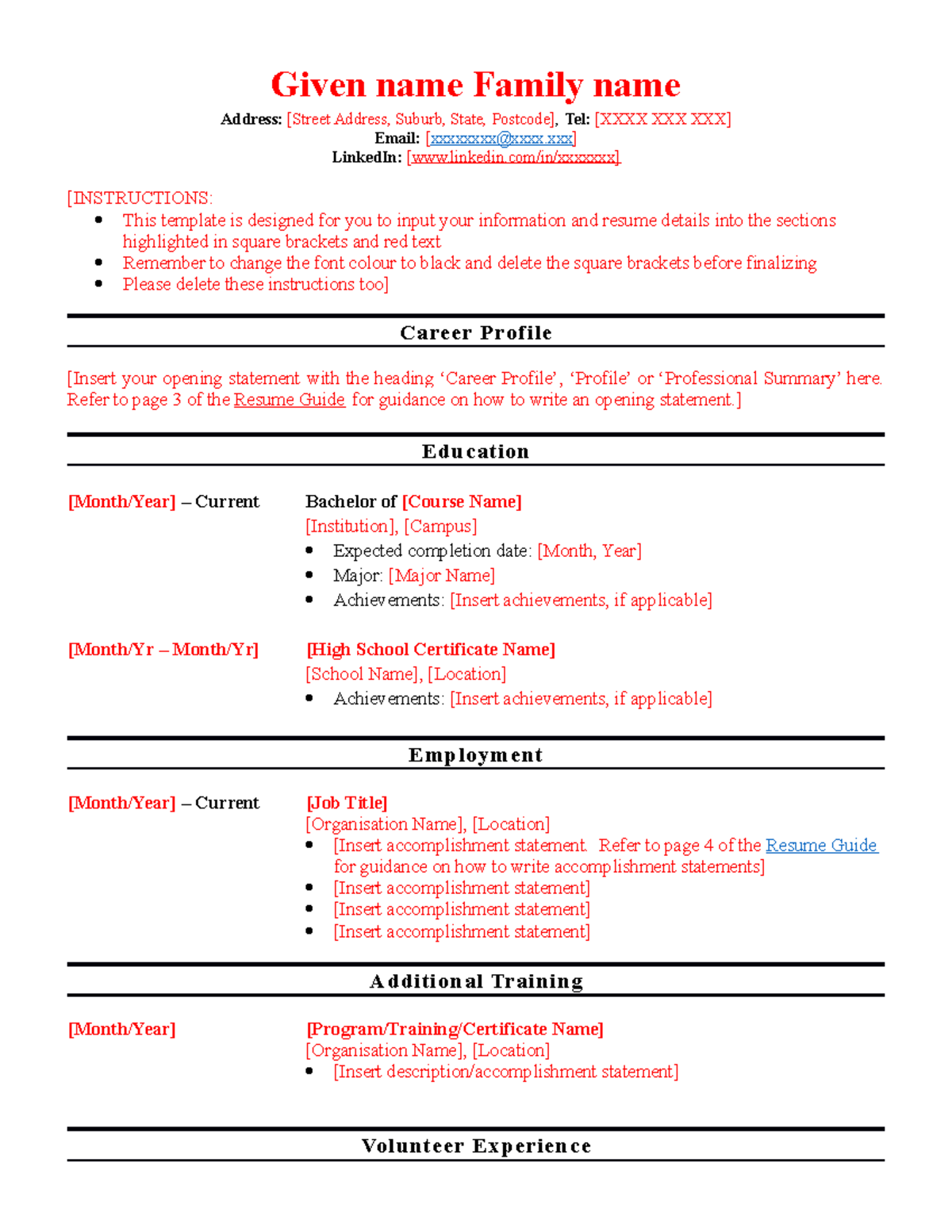Resume Template 1 - Casual-Part-time work-091220 - Given name Family ...