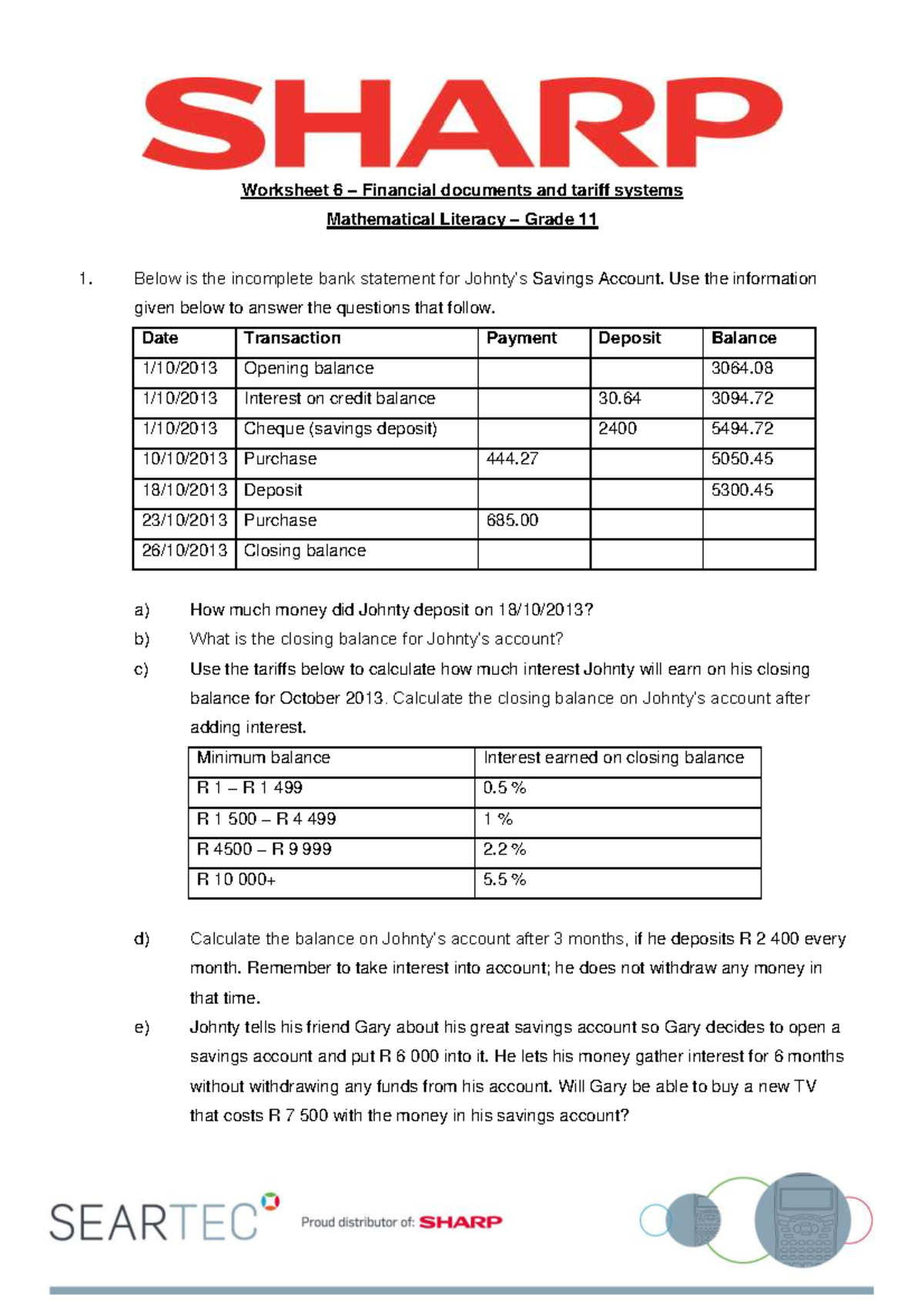 Worksheet 6 Financial Documents and Tariff Systems Grade 11 Math