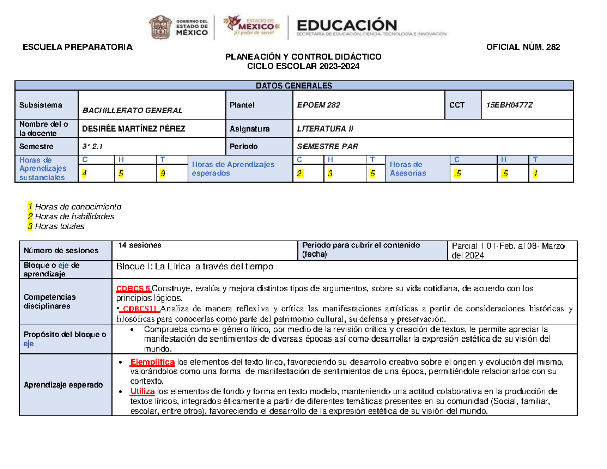 Primer Parcila Literatura II 2 - ESCUELA PREPARATORIA OFICIAL NÚM. 282 ...