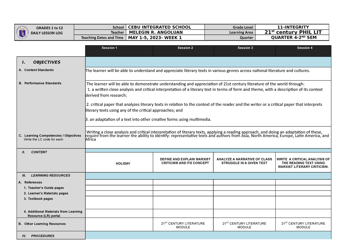 WK- 10 Dll PHIL LIT - 2ND - dll in phil lit week 10 - ####### dsd ...