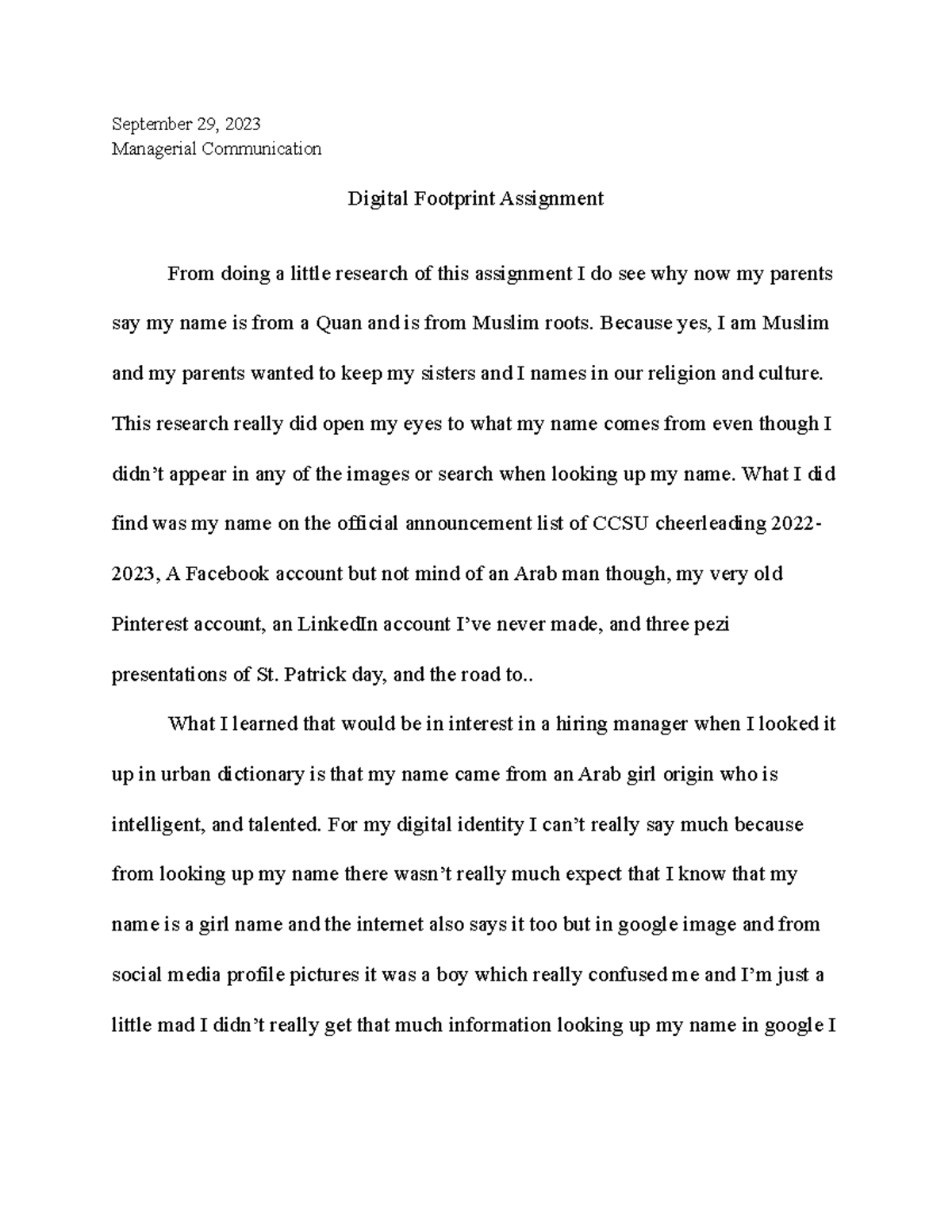 Digital Footprint Assignment September 29, 2023 Managerial Communication Digital Footprint