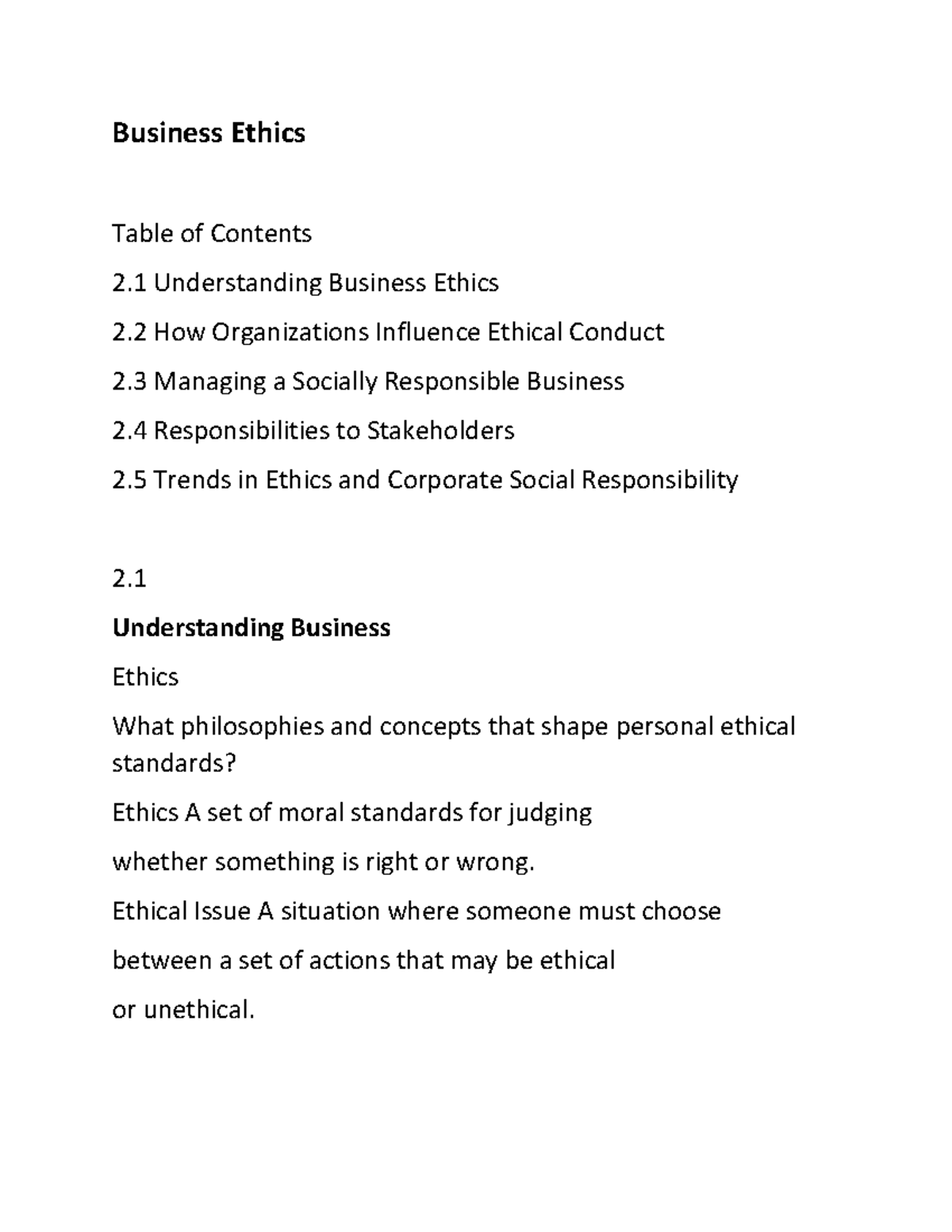 BAM2 - Business Ethics - Business Ethics Table Of Contents 2 ...