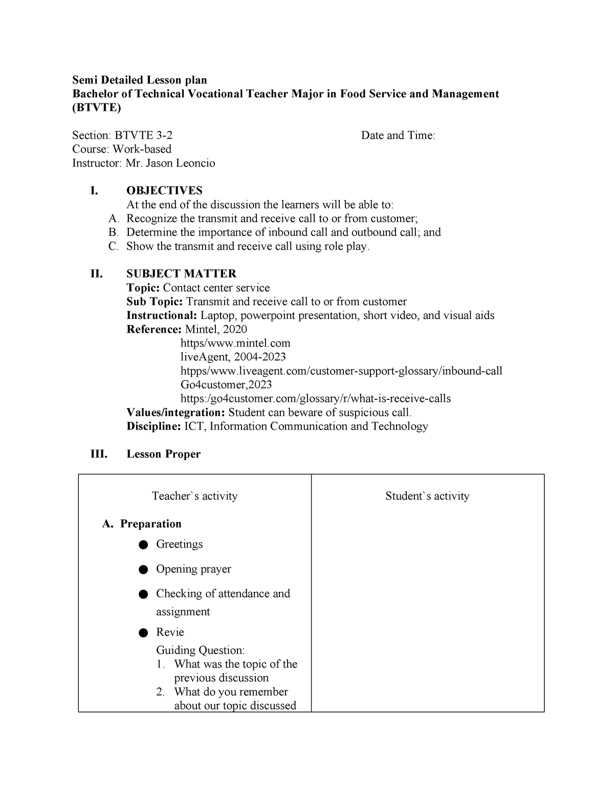 Work base Semi Detailed Lesson plan - Semi Detailed Lesson plan ...