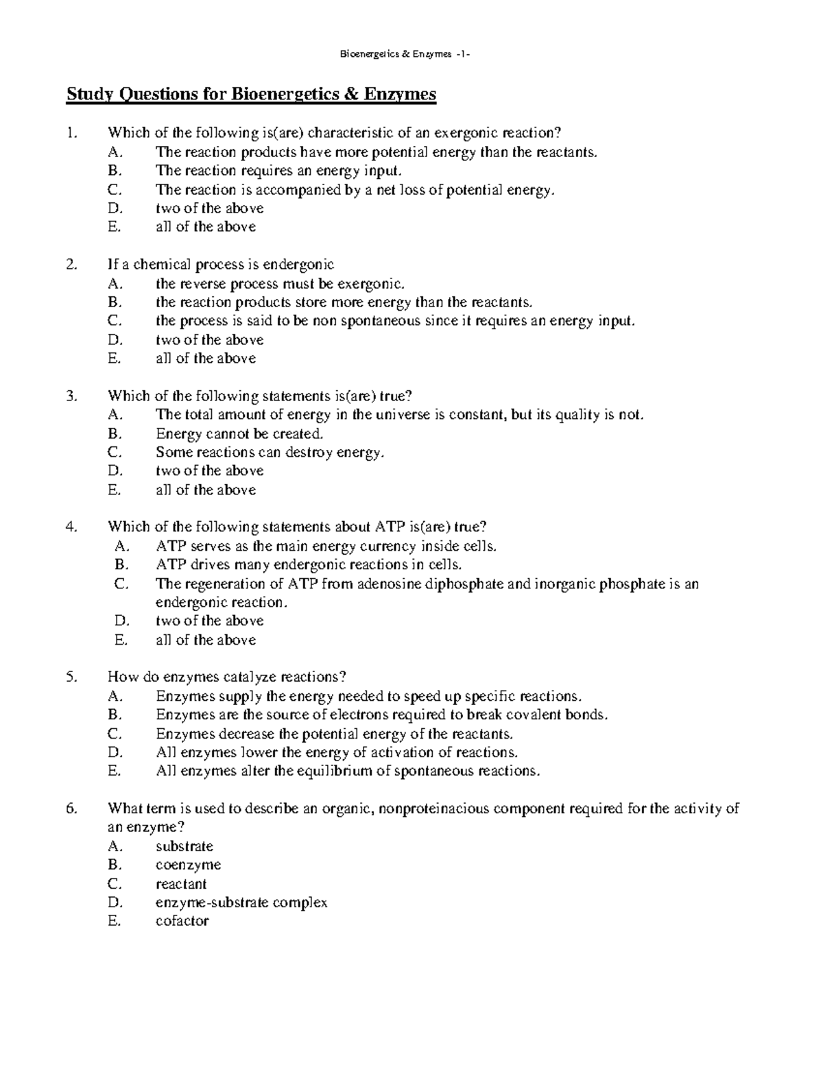 Exam 2015, questions - Bioenergetics & Enzymes -1- Study Questions for ...