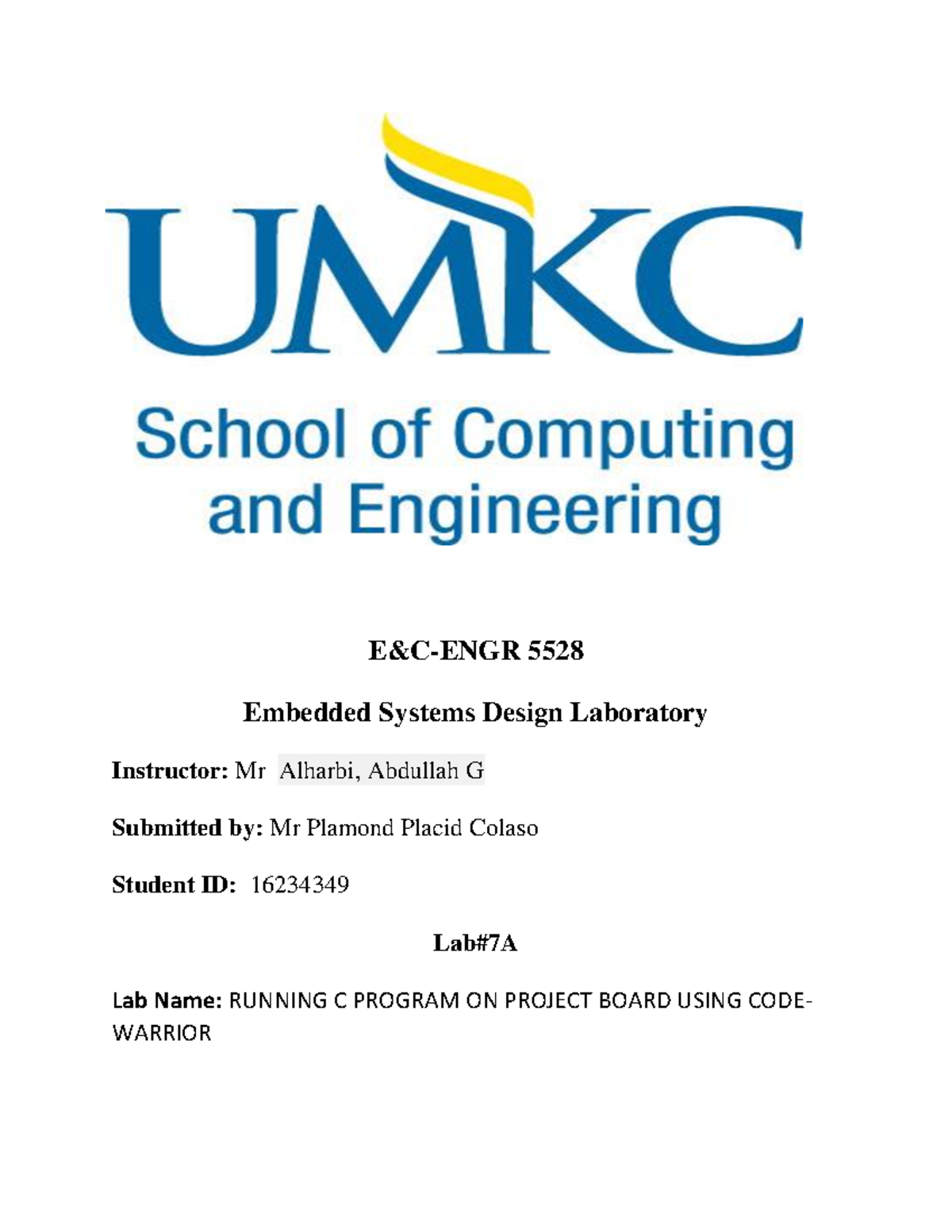 Lab 7A - advanced embedded systems lab - E&C-ENGR 5528 Embedded Systems ...