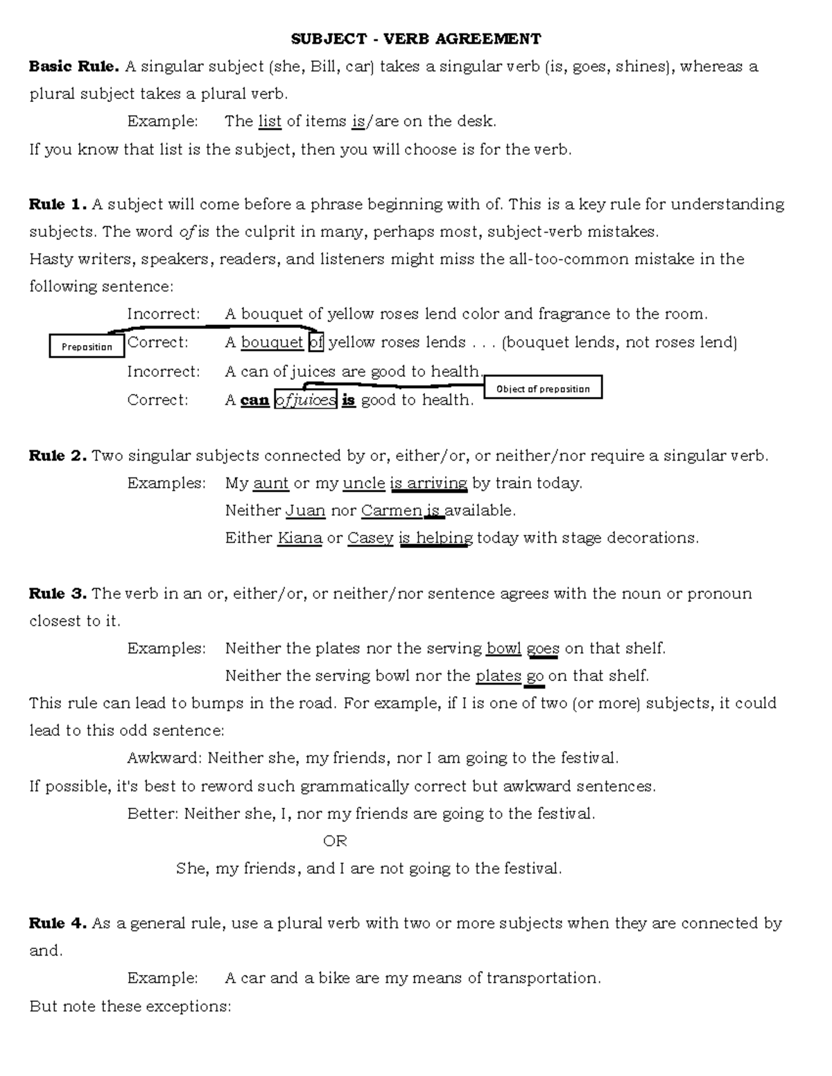 Toaz - Summaries answer - SUBJECT - VERB AGREEMENT Basic Rule. A ...
