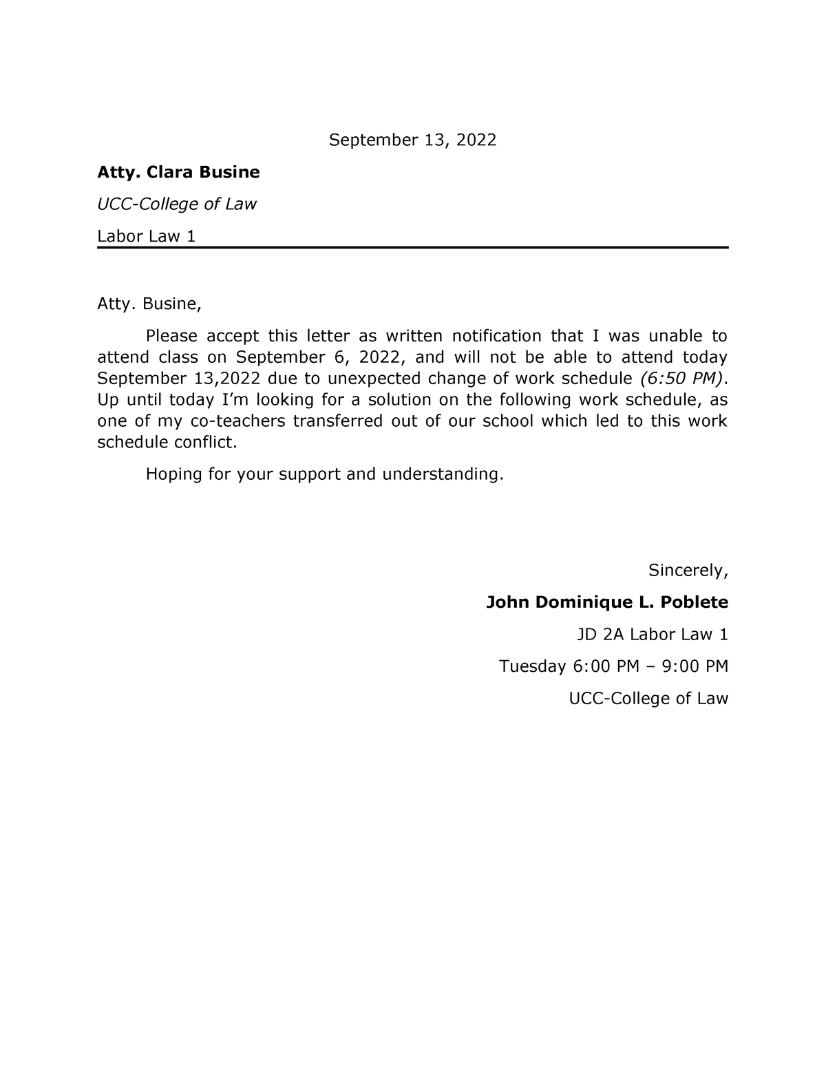 Excuse Letter - EDUCATIONAL - September 13, 2022 Atty. Clara Busine UCC ...