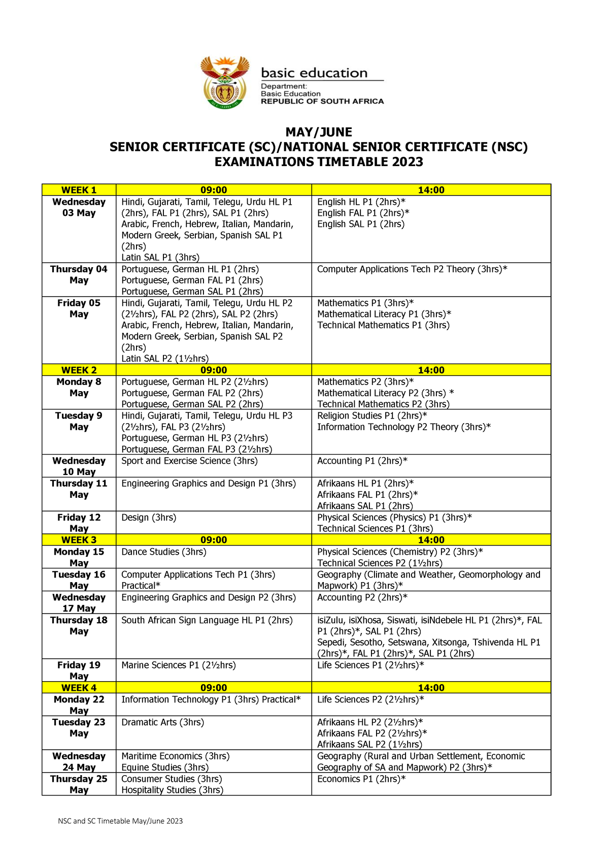 2023 June SCNSC Timetable NSC and SC Timetable May/June 2023 MAY