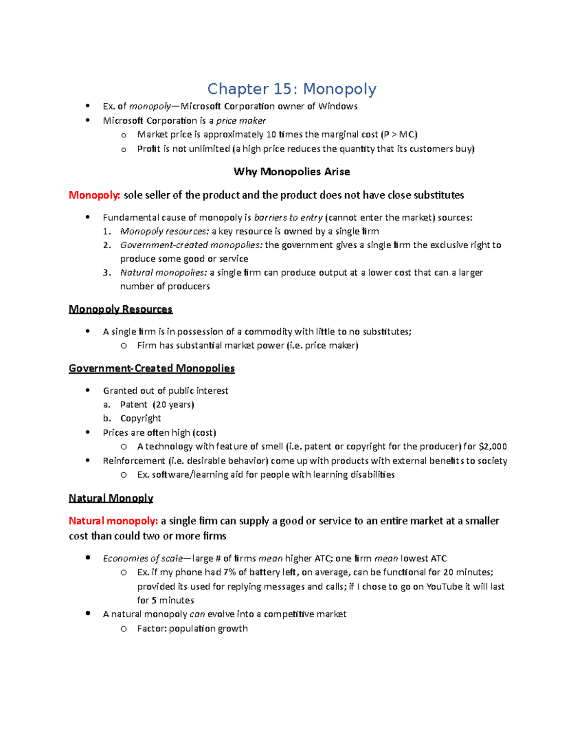 Chapter 15 - Lecture notes 7 - Chapter 15: Monopoly Ex. of monopoly ...