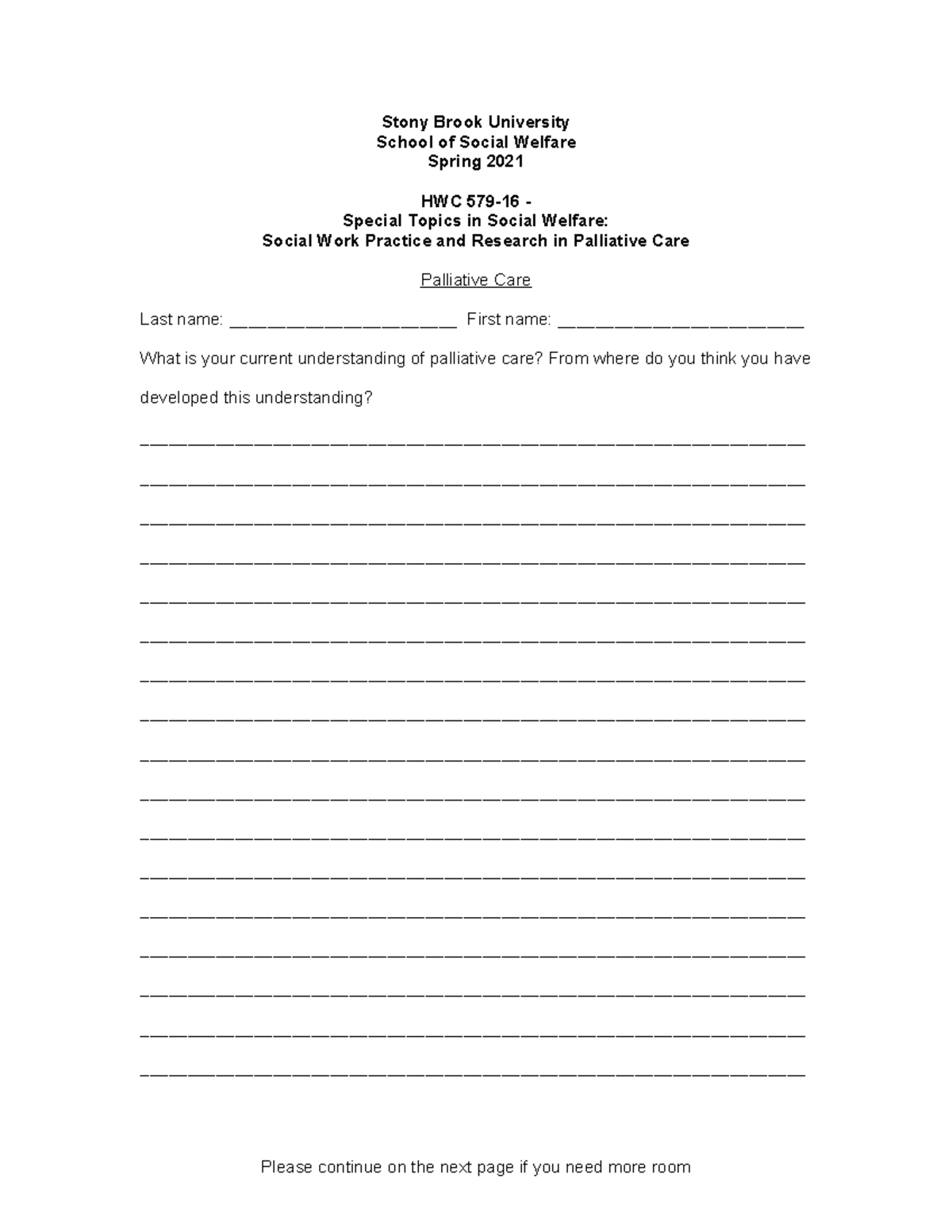 HWC 579 Palliative care form 2021 2 Stony Brook University School of