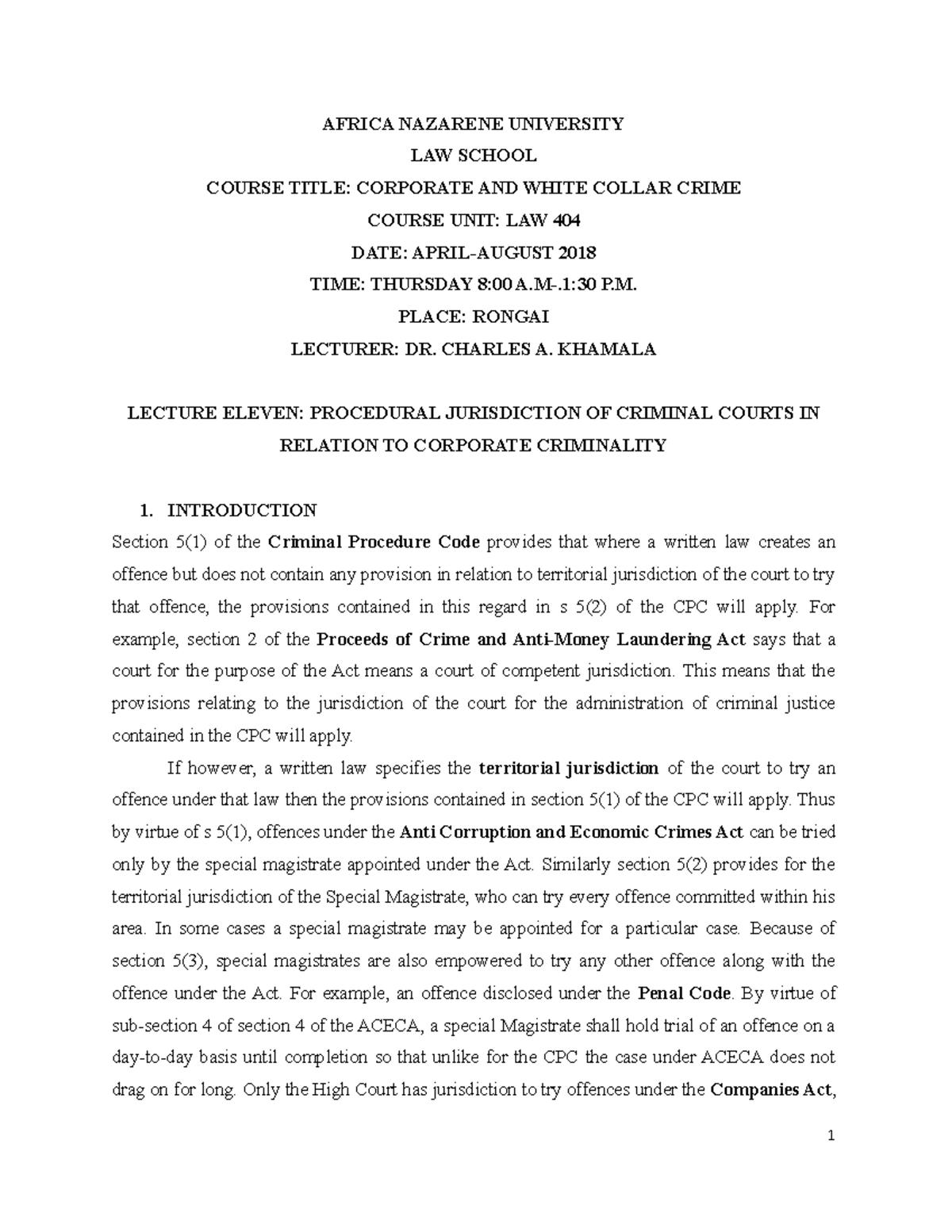 Classnotes Lecture 11 Procedural Jurisdiction OF Criminal Courts IN ...