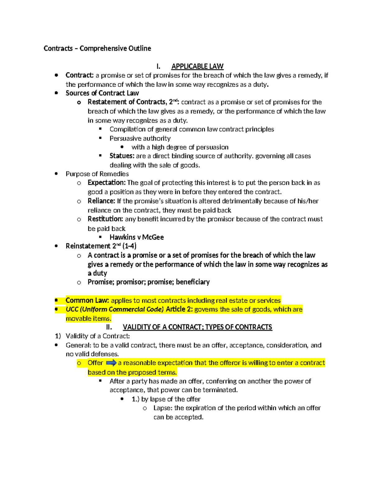 Contracts outline - case breif - Contracts – Comprehensive Outline I ...