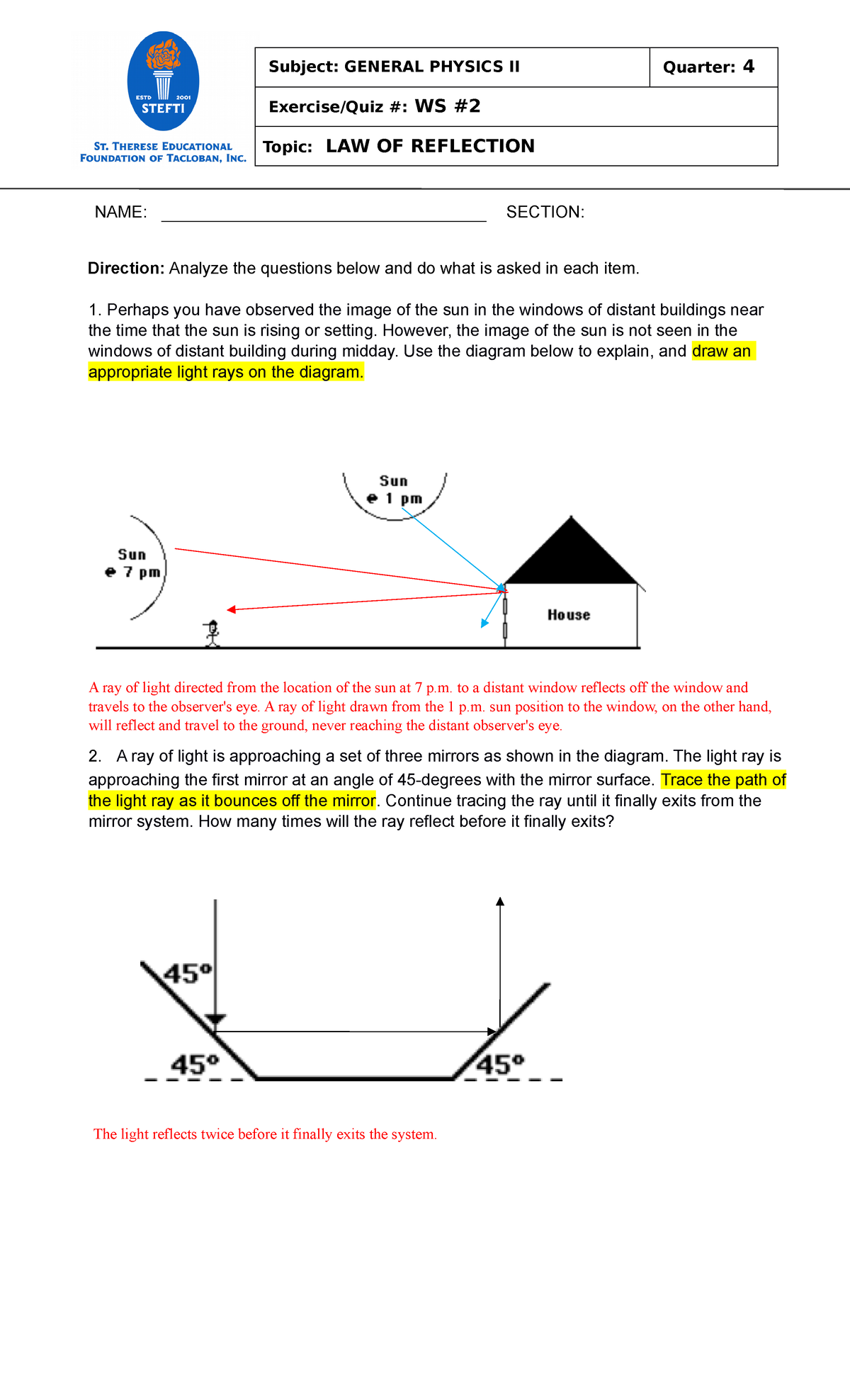 WS NO 2 - LAW OF REFLECTION - Subject: GENERAL PHYSICS II Quarter: 4 ...