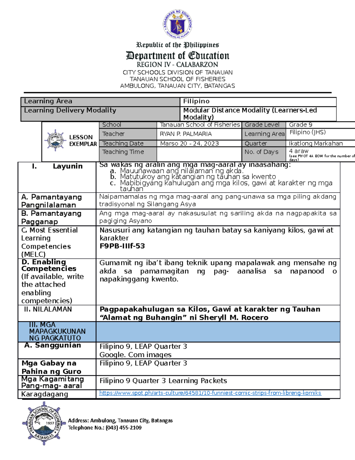 Palmaria quarter 3 Week 6 plan - TANAUAN SCHOOL OF FISHERIES AMBULONG ...