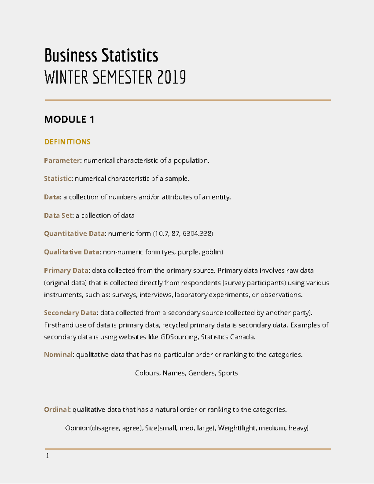 Statistics Weeks 1 - 11 - Business Statistics WINTER SEMESTER 2019 ...