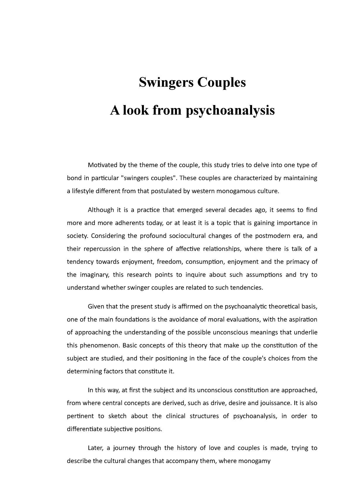 Swingers couples - Grade 10 - Swingers Couples A look from psychoanalysis Motivated by the theme of