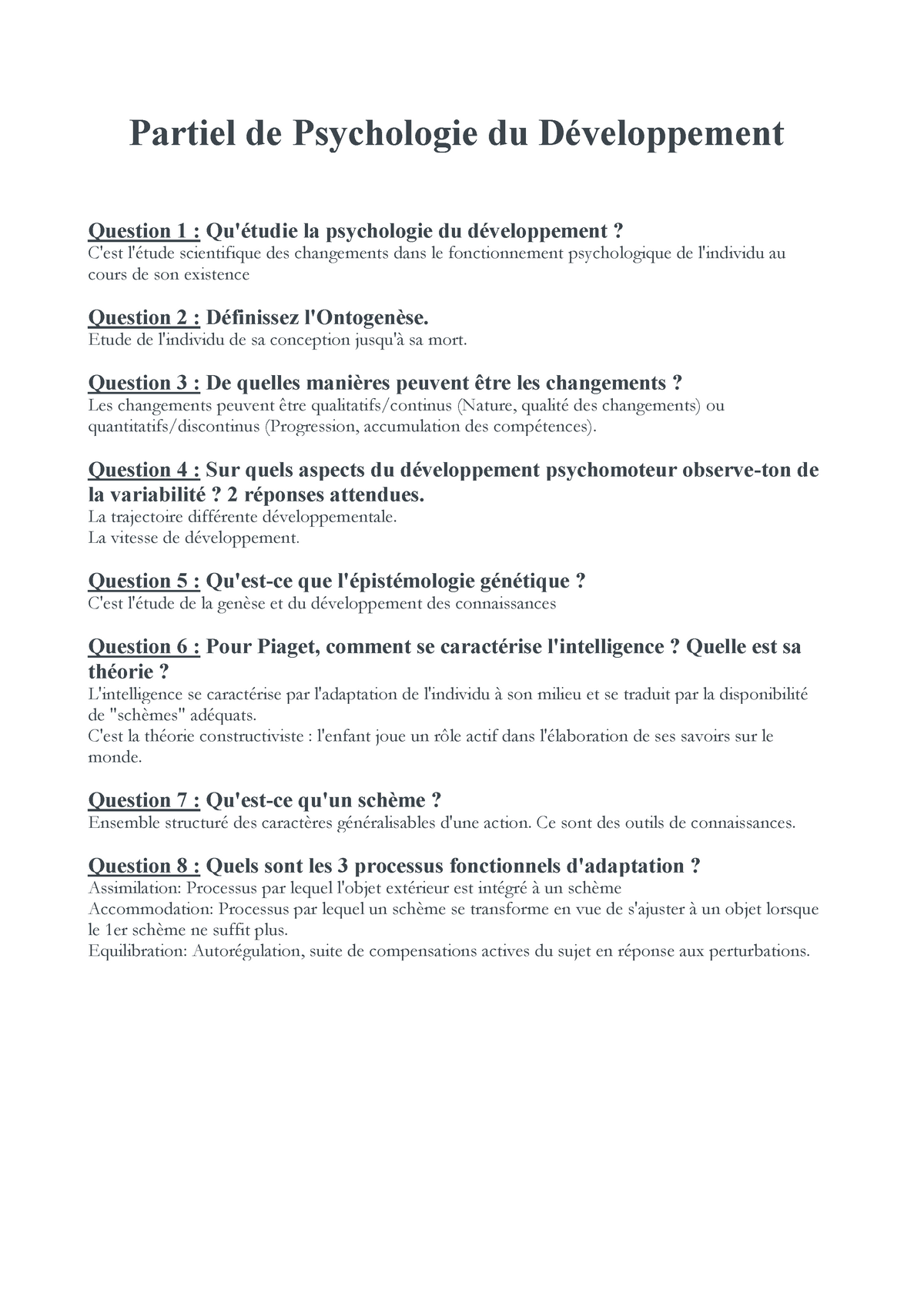 Examen 2015  Partiel de Psychologie du Développement Question 1  Qu