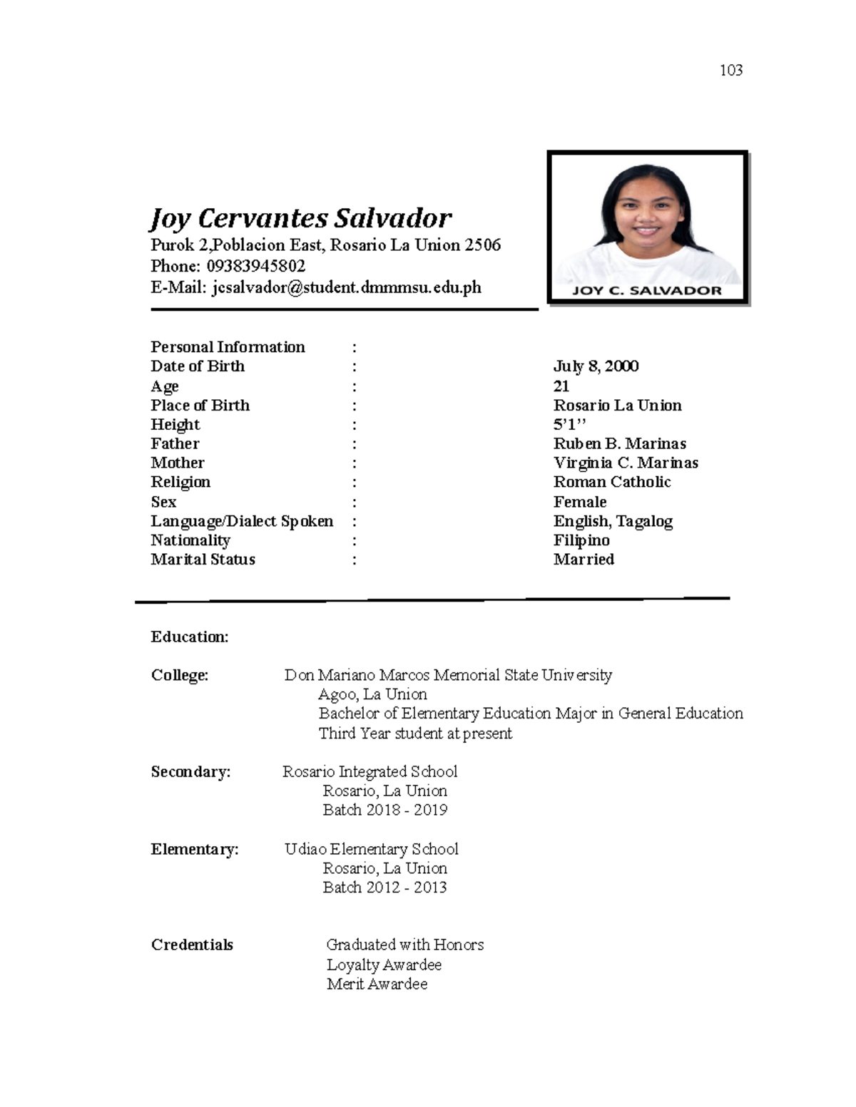 Sample-Curriculum vitae - Joy Cervantes Salvador Purok 2,Poblacion East ...