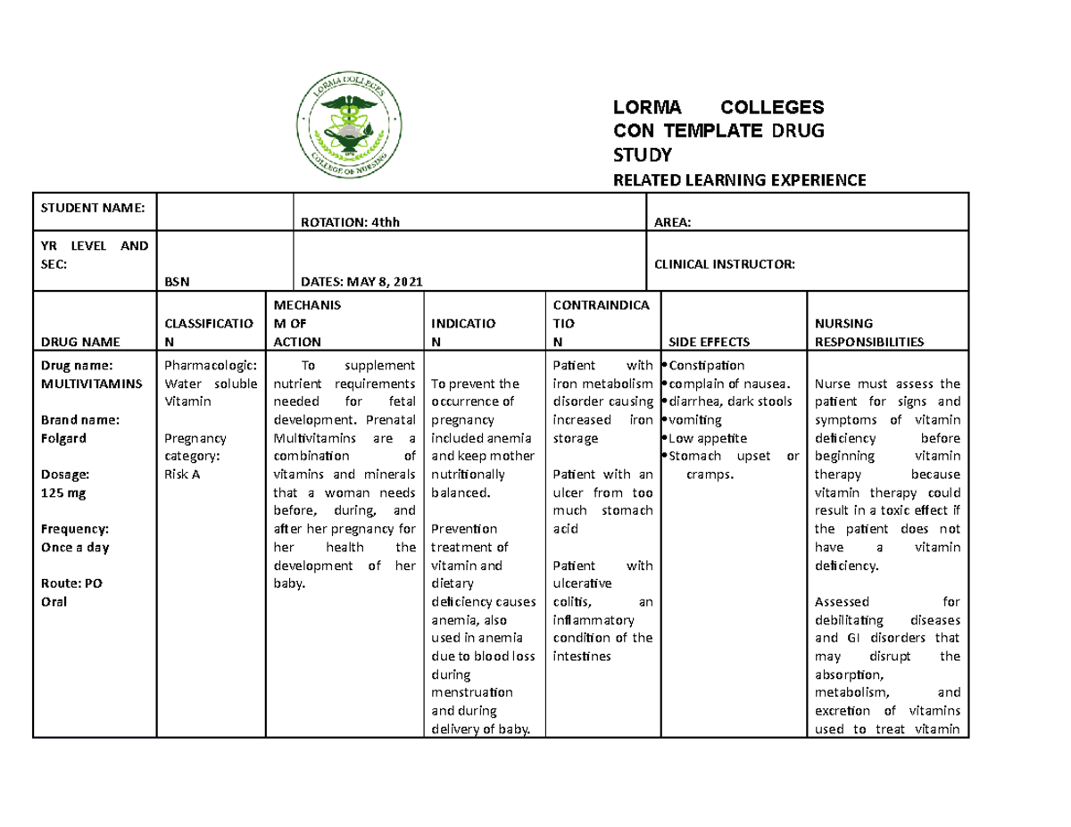 Multivitamis DRUG StUDY WTH COMPLETE INFORMATION - LORMA COLLEGES CON ...
