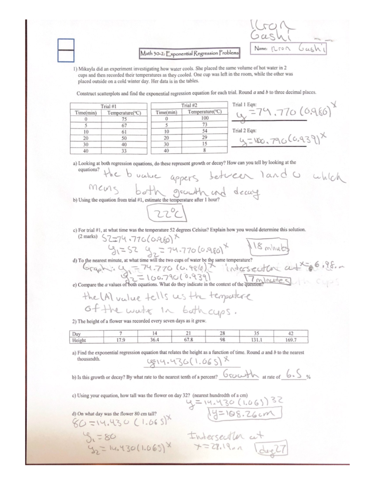 Math 30-2 Exponential Regression Problems - MATH 265 - UCalgary - StuDocu