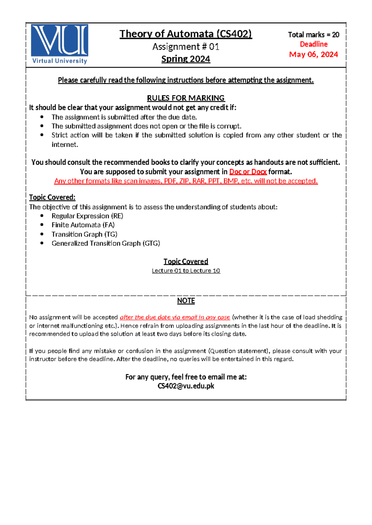 Spring 2024 CS402 1 SOL - Theory Of Automata (CS402) Assignment # 01 ...