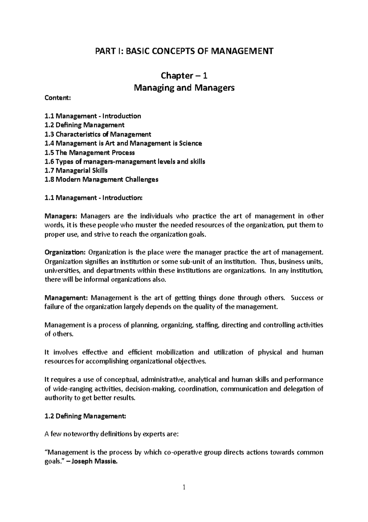 Chapter -1 - Managing And Managers Lecture Notes - PART I: BASIC ...