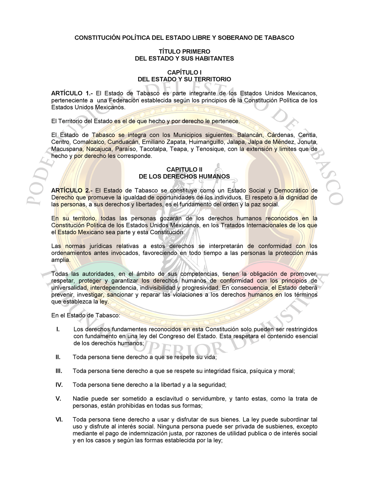 Constitución Política Del Estado Libre Y Soberano De Tabasco ...