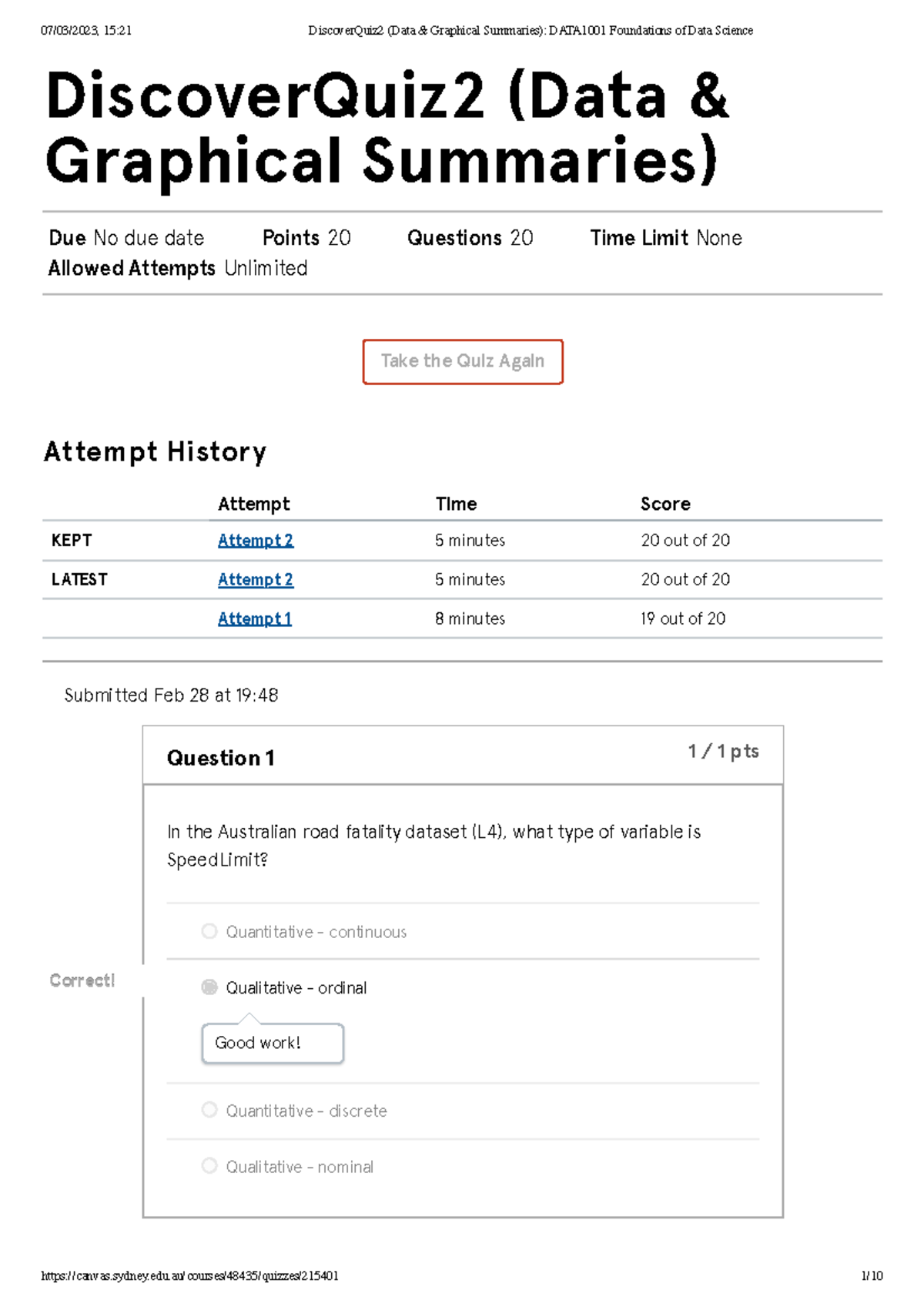 Discover Quiz 2 (Data & Graphical Summaries) DATA1001 Foundations Of ...