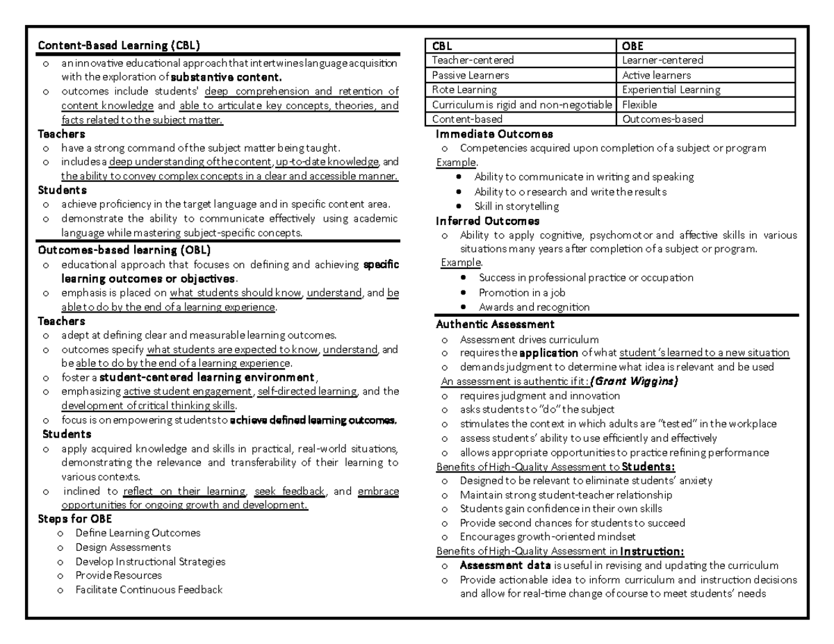 Assessment in Learning II (Reviewer) - Content-Based Learning (CBL) o ...
