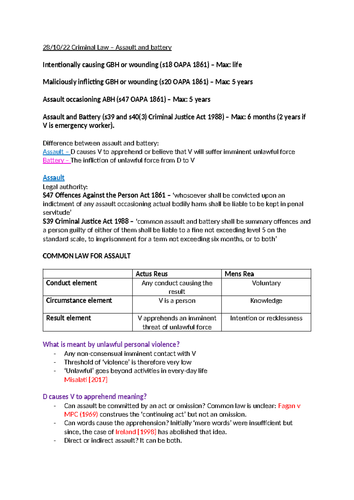 Assault and battery criminal law notes lecture - 28/10/22 Criminal Law ...