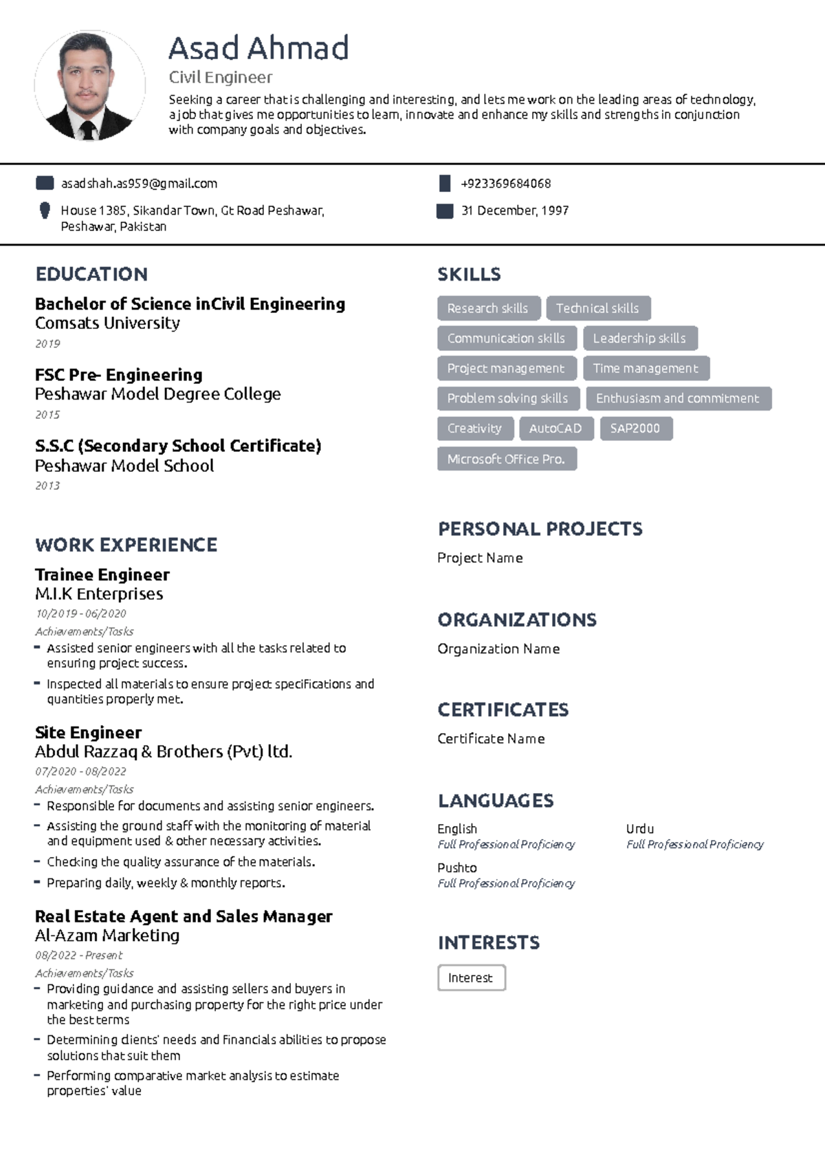 Asad's Resume - Asad Ahmad Civil Engineer Seeking a career that is ...