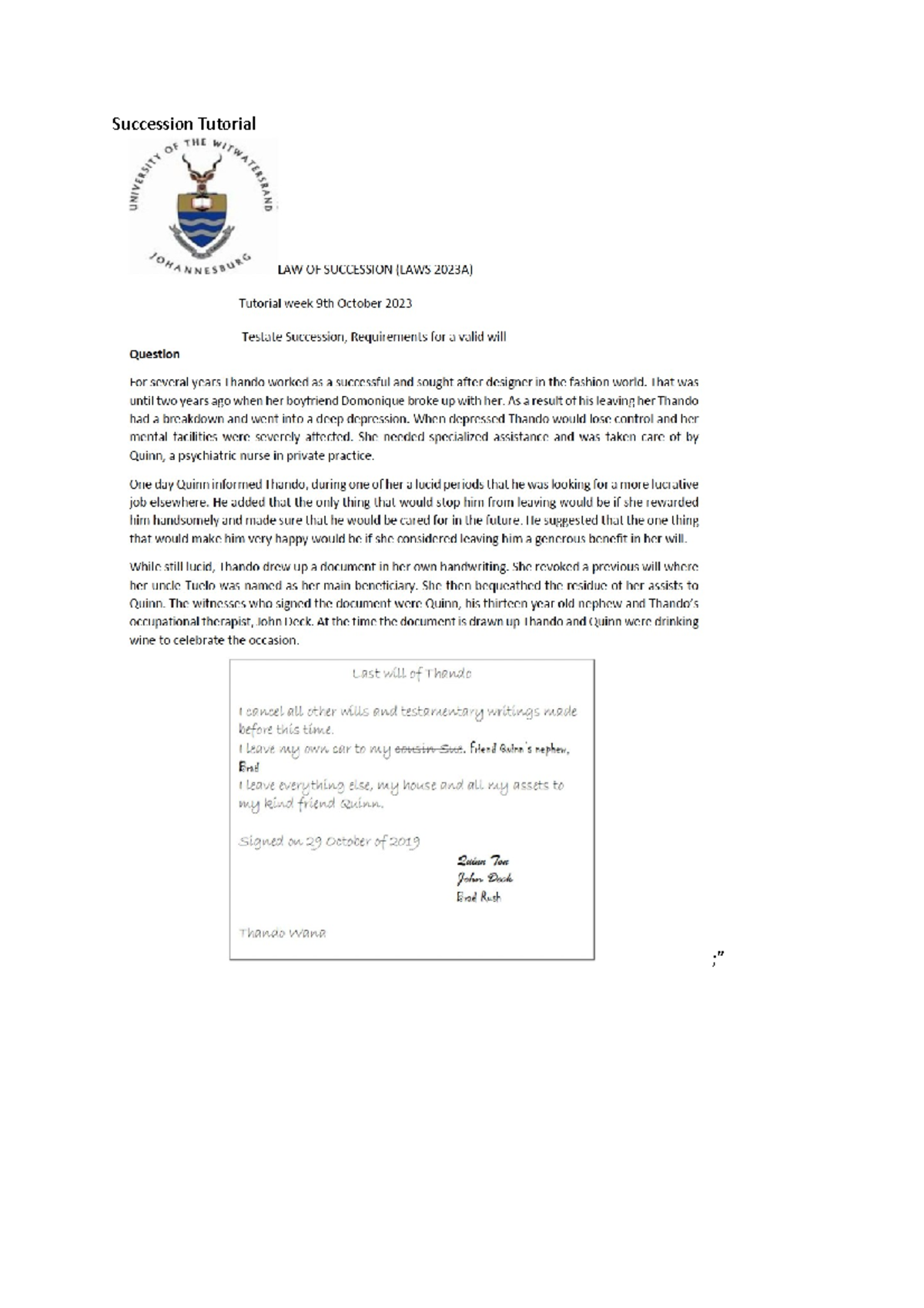 Succession tutorial - LAWS2023A - Succession Tutorial ;” - Studocu