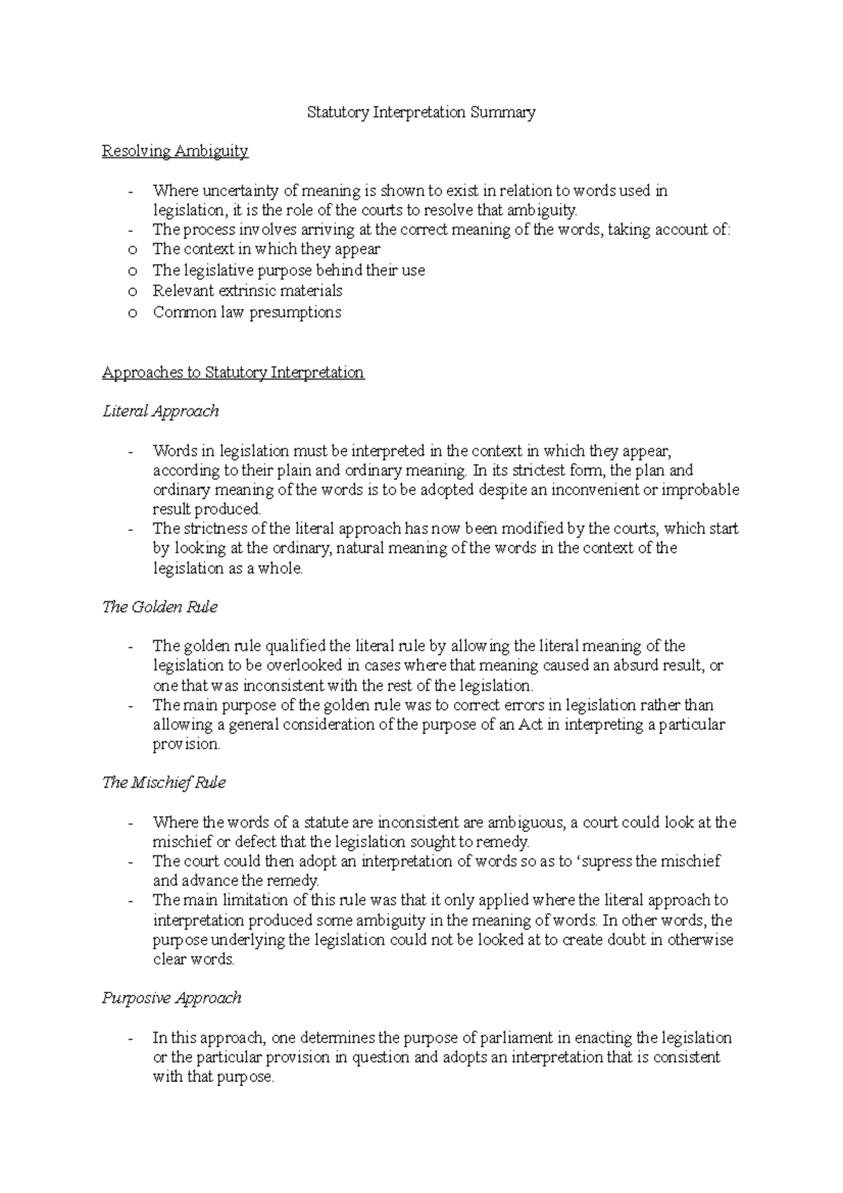 Statutory Interpretation Summary - Statutory Interpretation Summary ...