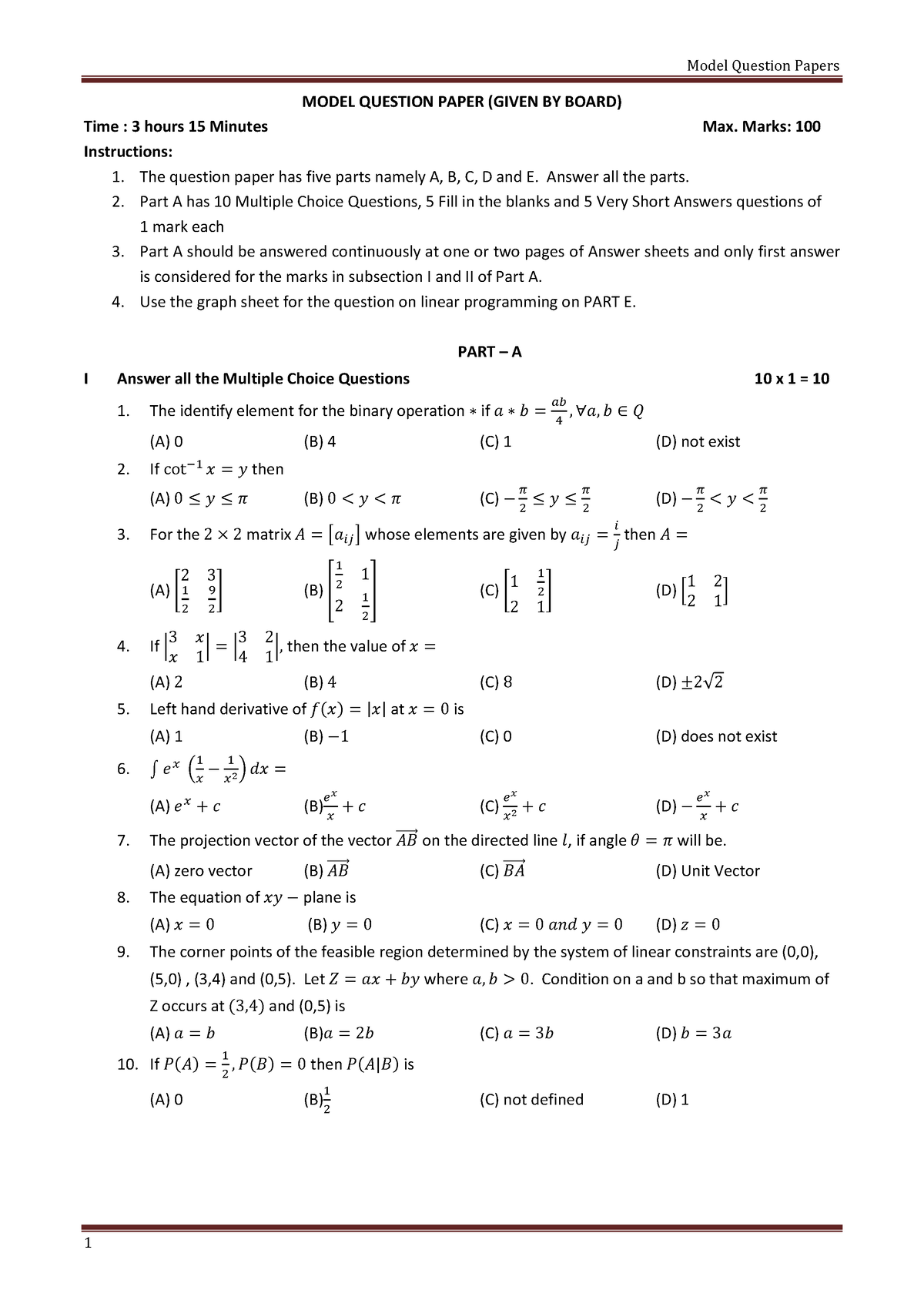 23 Model Question Papers - MODEL QUESTION PAPER (GIVEN BY BOARD) Time ...