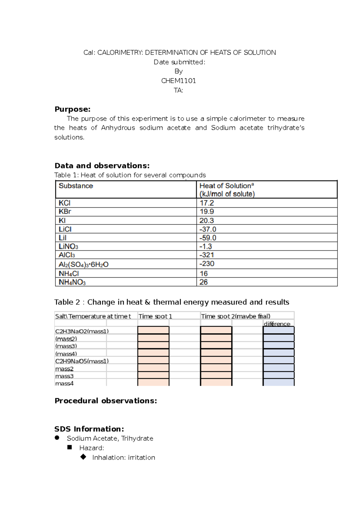 Cal prelab Cal CALORIMETRY DETERMINATION OF HEATS OF SOLUTION Date