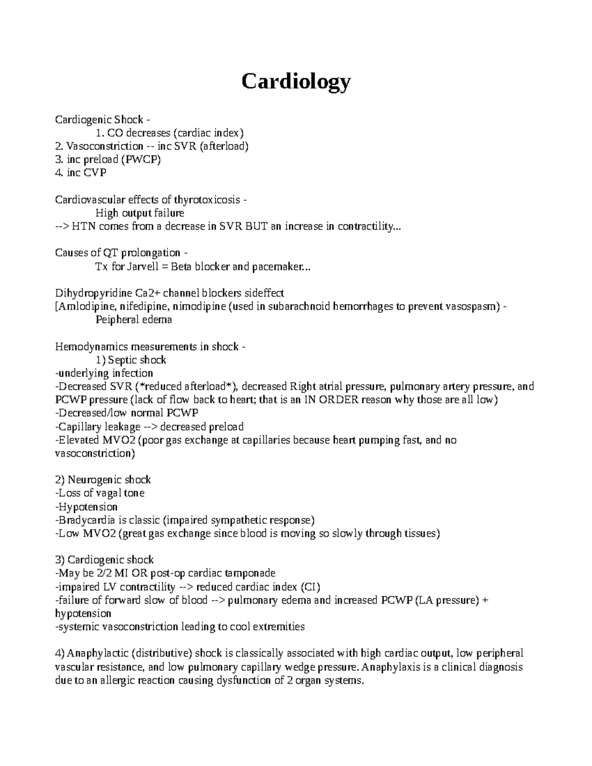 Cardiology - Cardiology Cardiogenic Shock - 1. CO decreases (cardiac ...