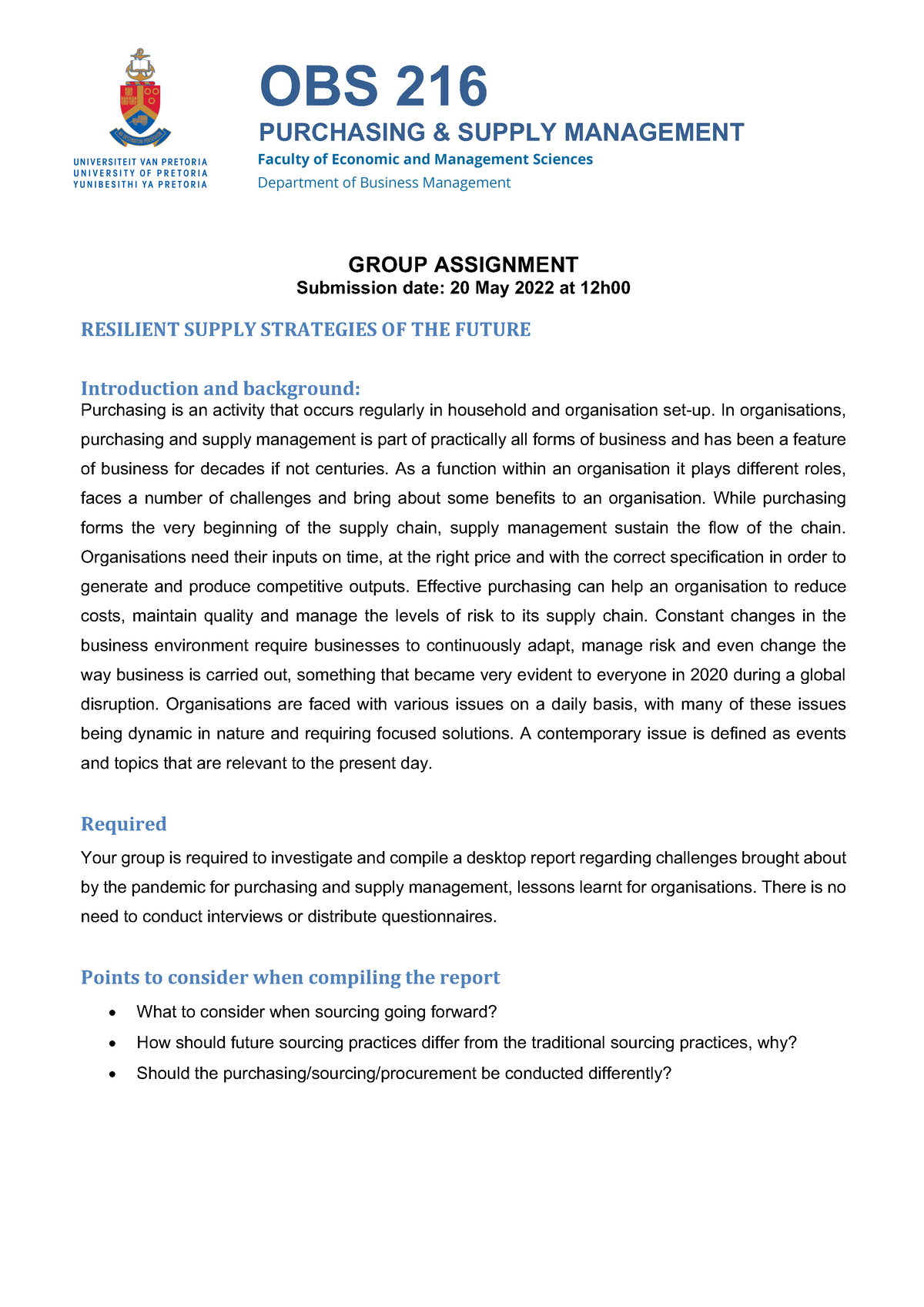 OBS 216 Assignment Brief(2022) - OBS 216 PURCHASING & SUPPLY MANAGEMENT ...