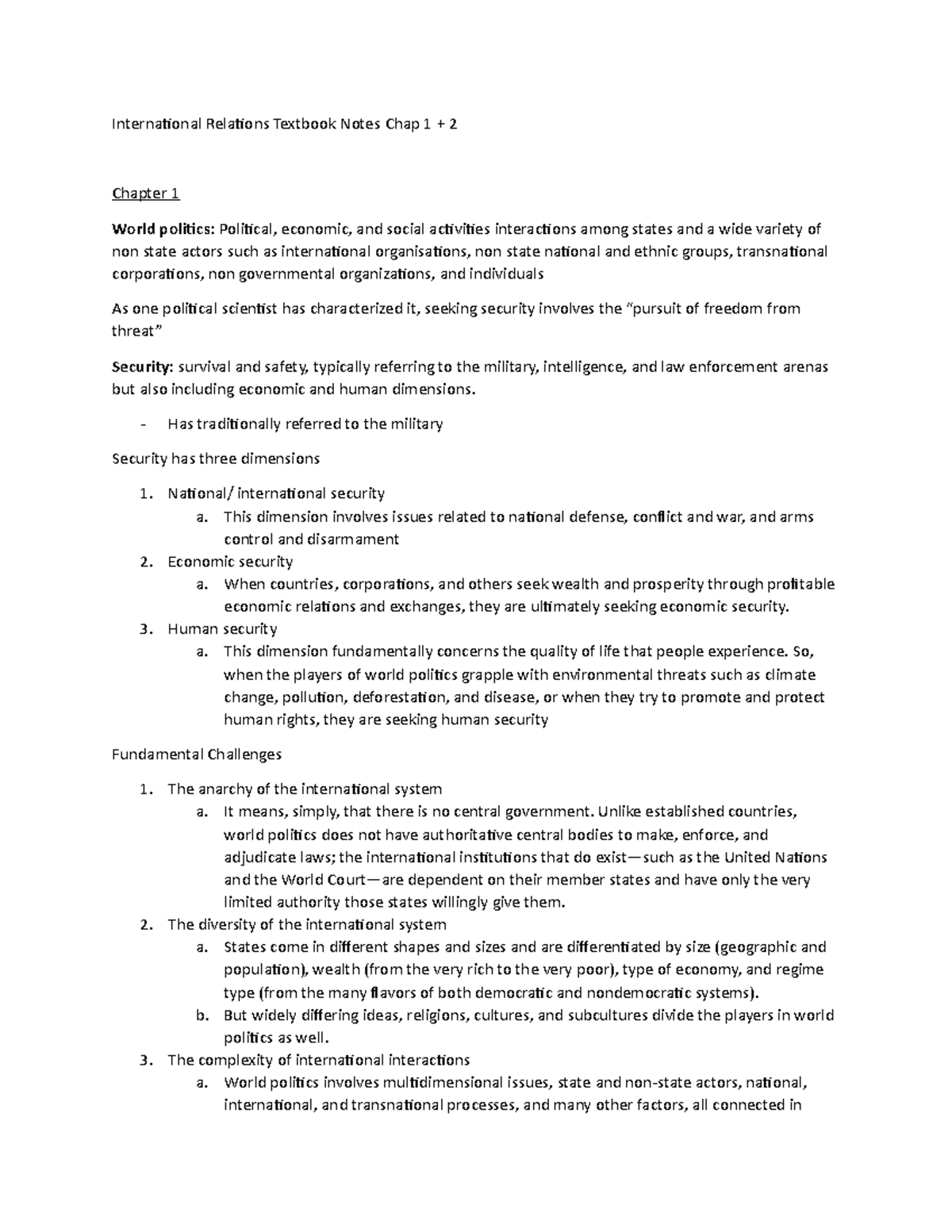 International Relations Textbook Notes Chap 1 - Has tradiionally ...
