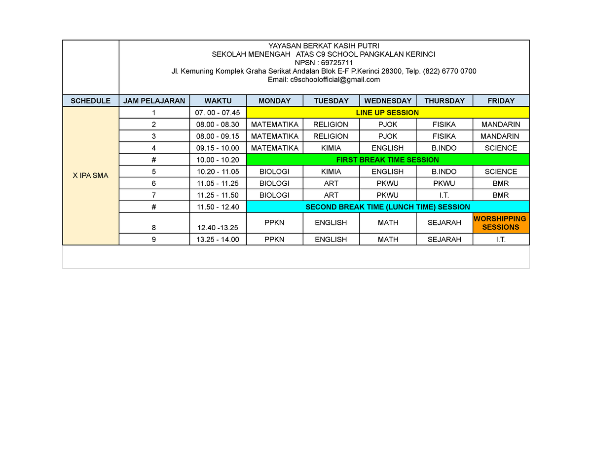 Roster SMA - Copy of SMA - schedule - YAYASAN BERKAT KASIH PUTRI ...