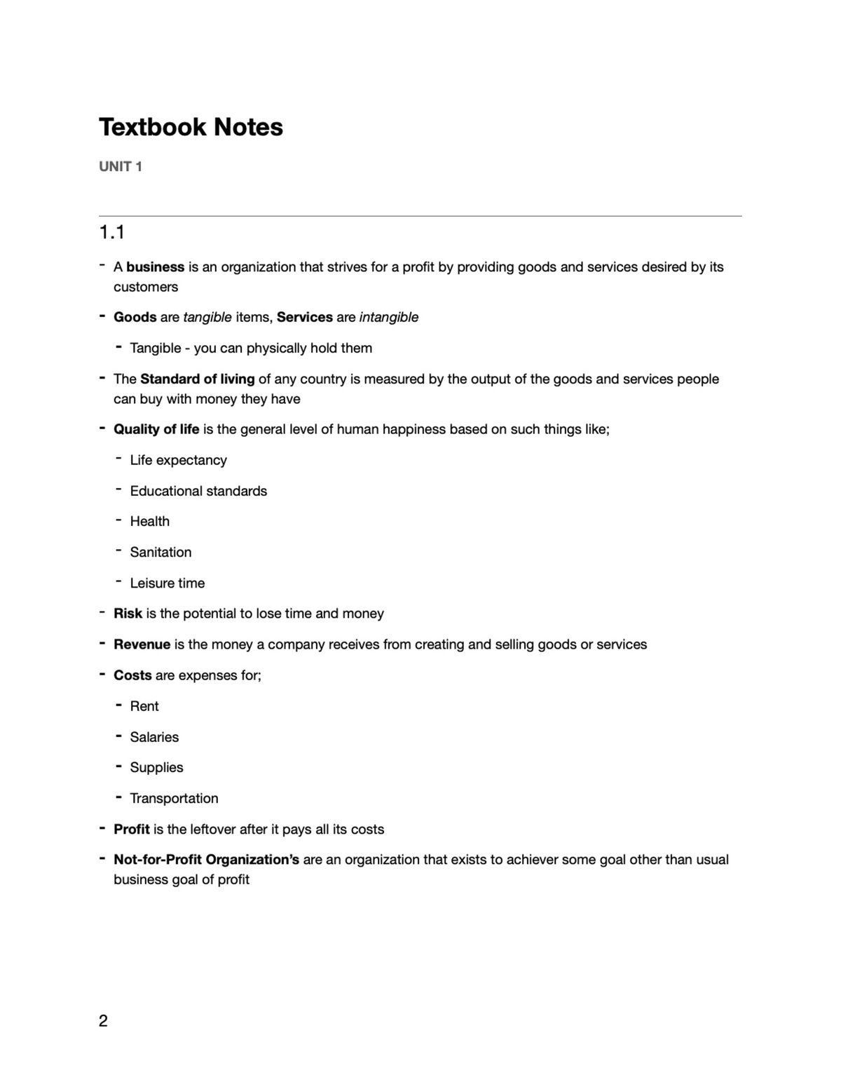 MGMT*1000 Lecture Notes - Textbook Notes UNIT 1 1 A business is an ...