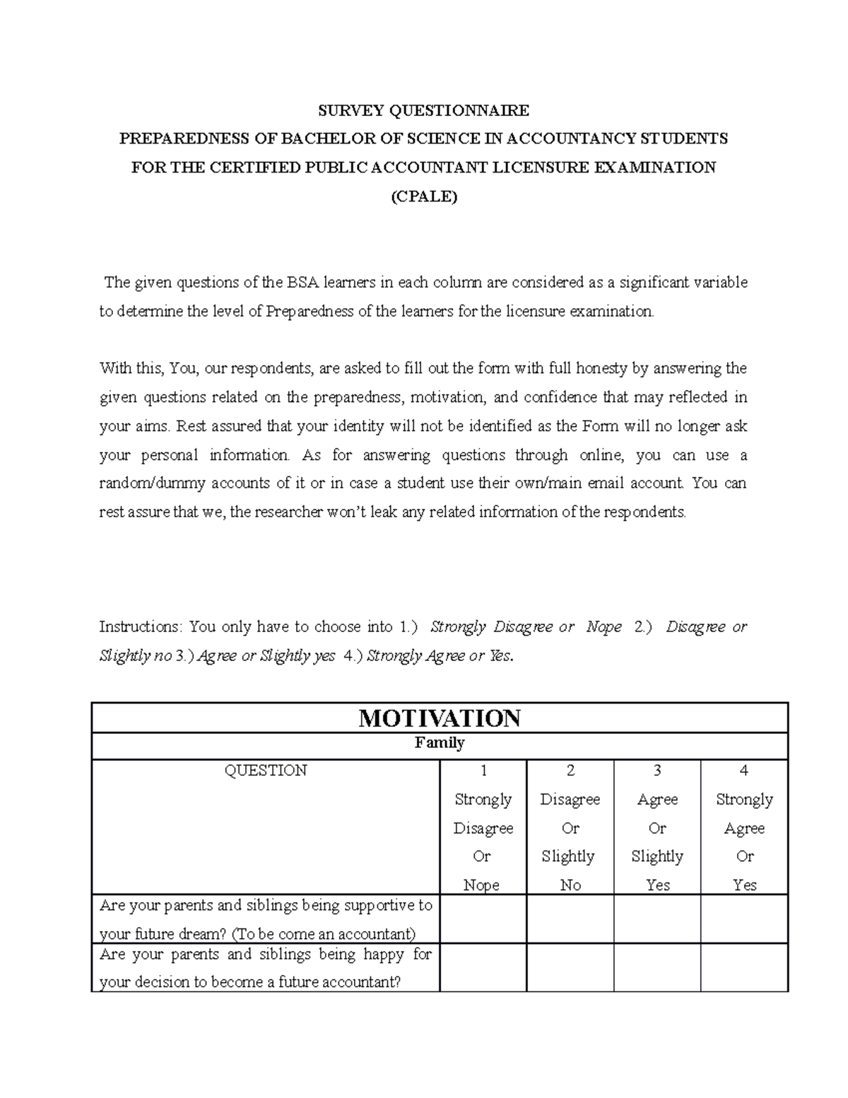 survey questionnaire in research paper