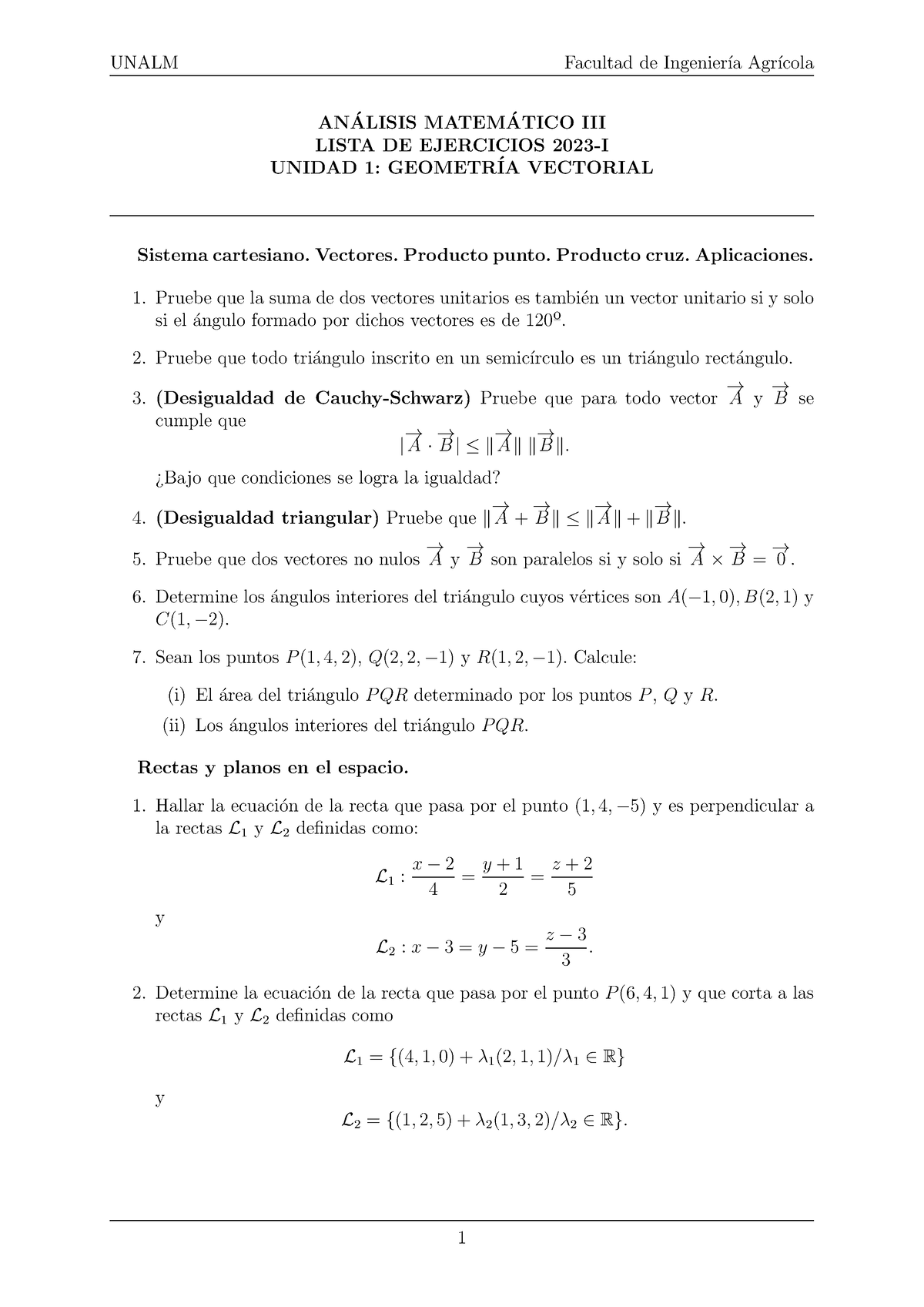 Lista 1 - .,... - UNALM Facultad De Ingenier ́ıa Agr ́ıcola AN ́ALISIS ...