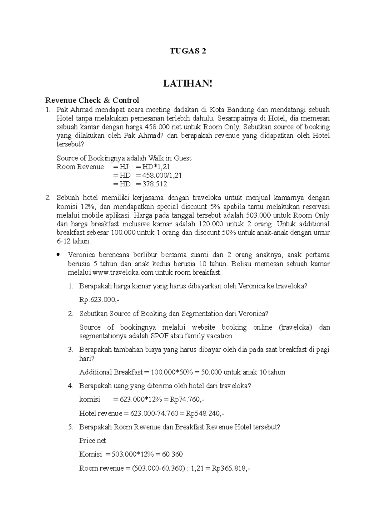 Tugas 2 Calculating the amount of Room Revenue, Service Charge and