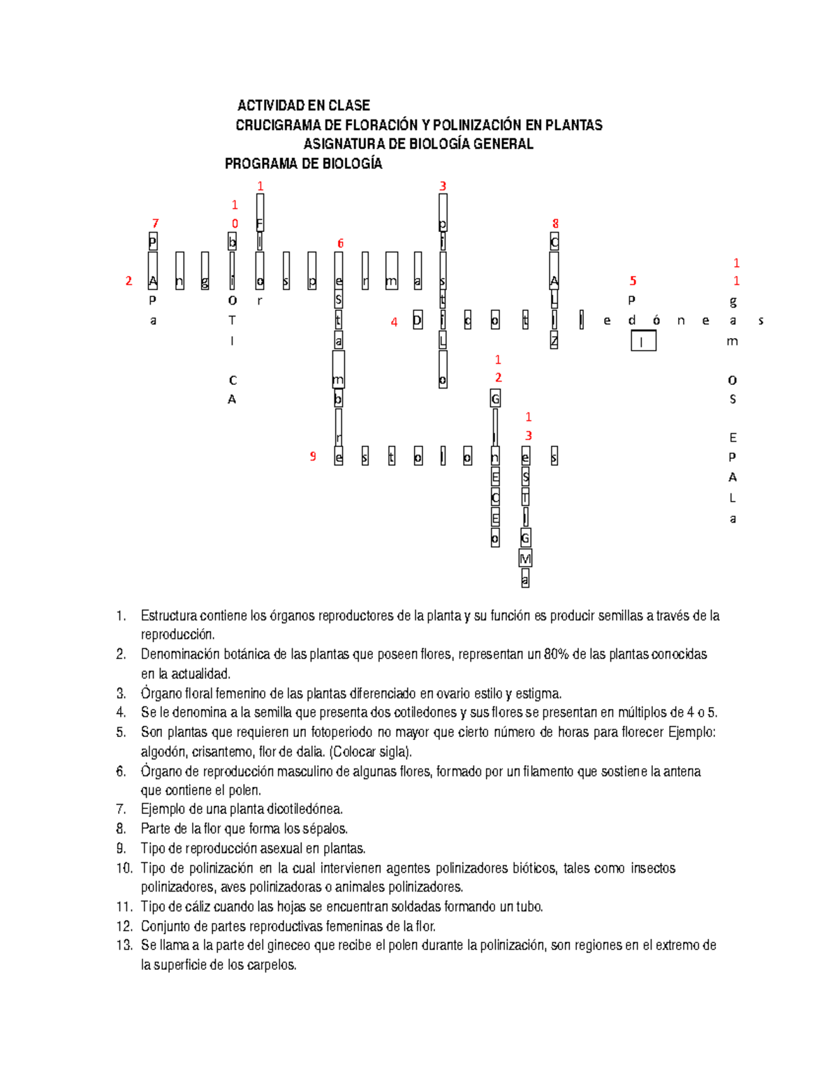 Crucigrama flor Documento donde se encontrará información de mucha